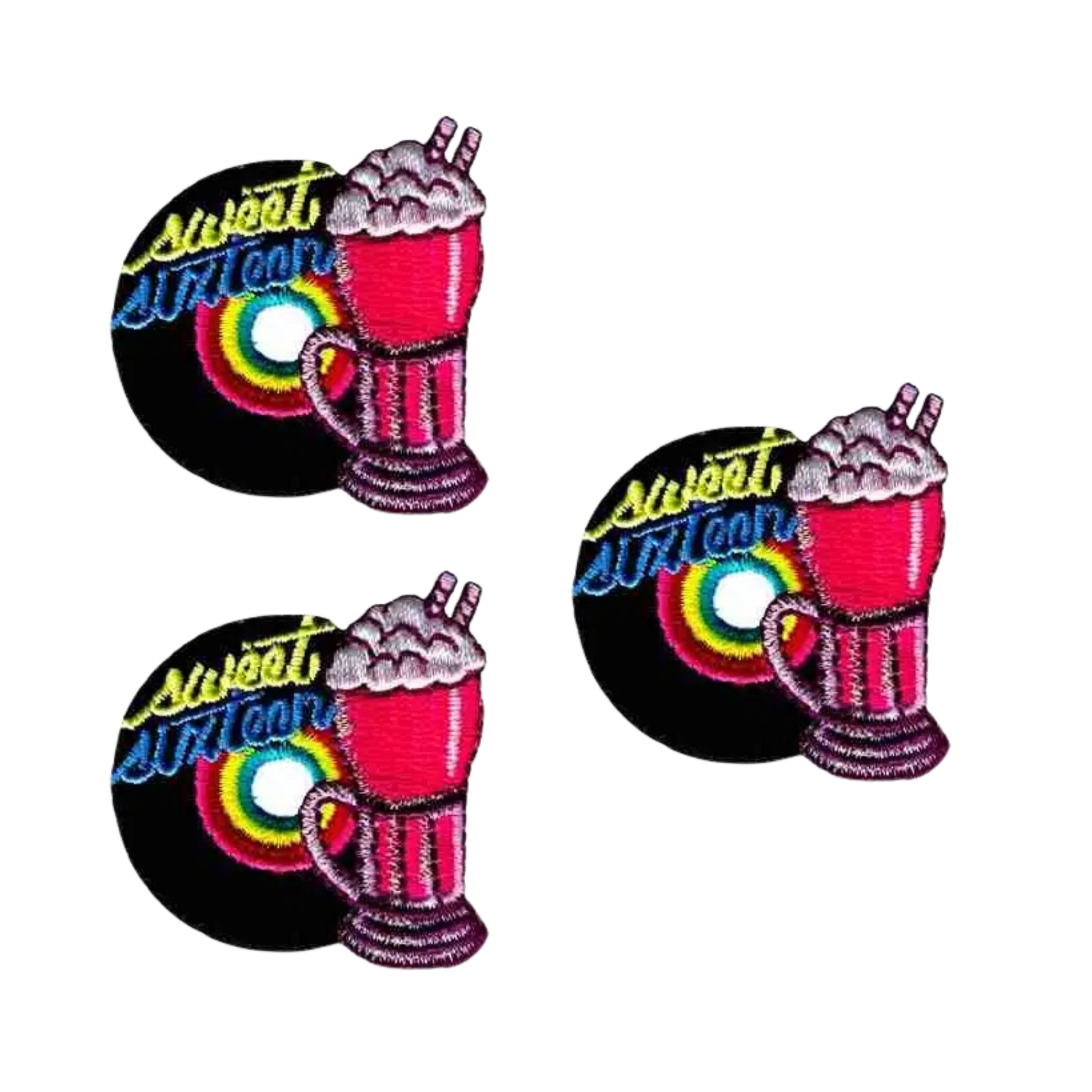The Laughing Lizards Sweet Sixteen Iron On 50's Patch (3-Pack) features red milkshakes and "sweet summer" text on black backgrounds—ideal retro appliques for DIY projects or as sweet sixteen patches.