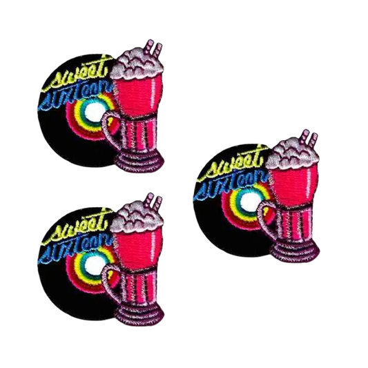 The Laughing Lizards Sweet Sixteen Iron On 50's Patch (3-Pack) features red milkshakes and "sweet summer" text on black backgrounds—ideal retro appliques for DIY projects or as sweet sixteen patches.