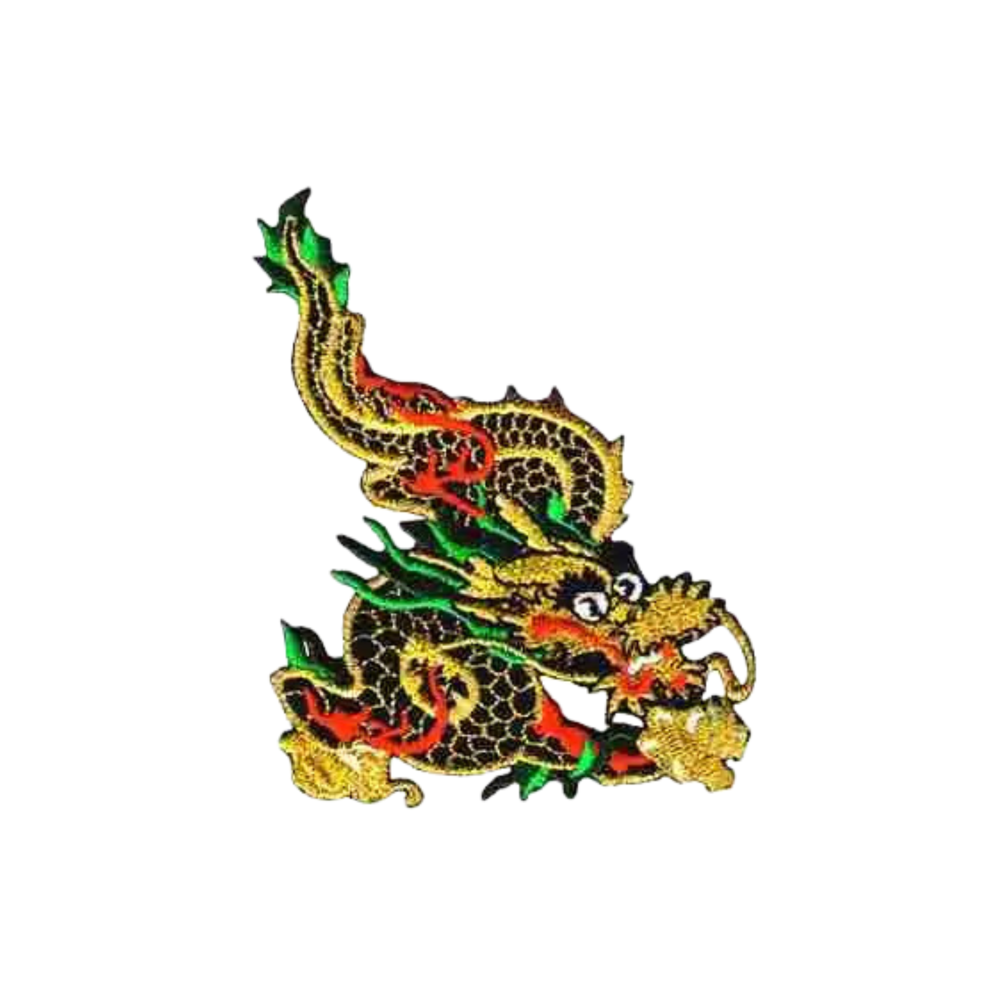 Laughing Lizards Metallic Gold Chinese Dragon Iron On Patches (2-Pack) feature a vibrant dragon on white—ideal as an applique or iron-on patch for your jacket or bag.