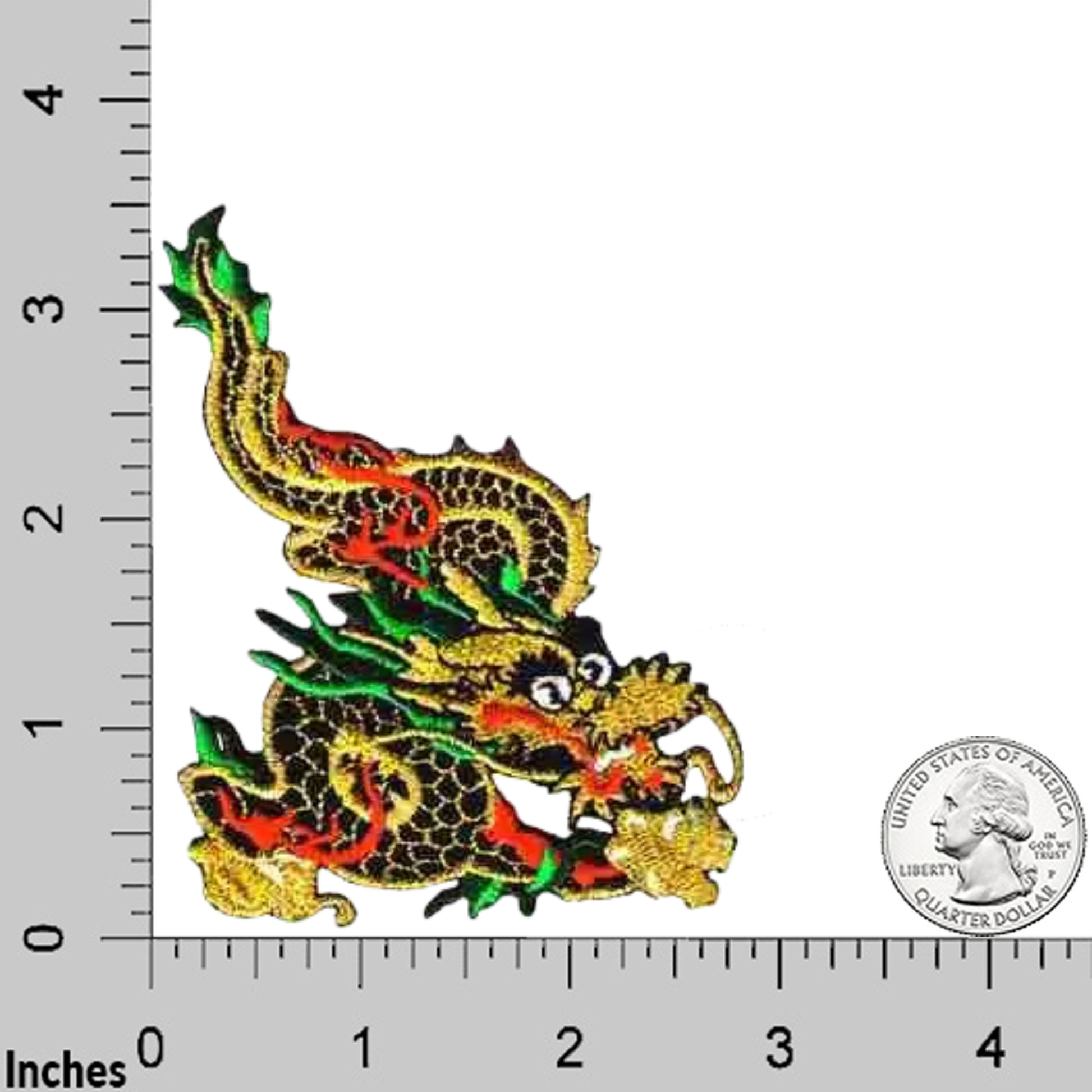 Laughing Lizards Metallic Gold Chinese Dragon Iron On Patch (2-Pack) features bold gold embroidery—shown beside a ruler and U.S. quarter—ideal as a striking applique or iron-on patch for jackets or bags.
