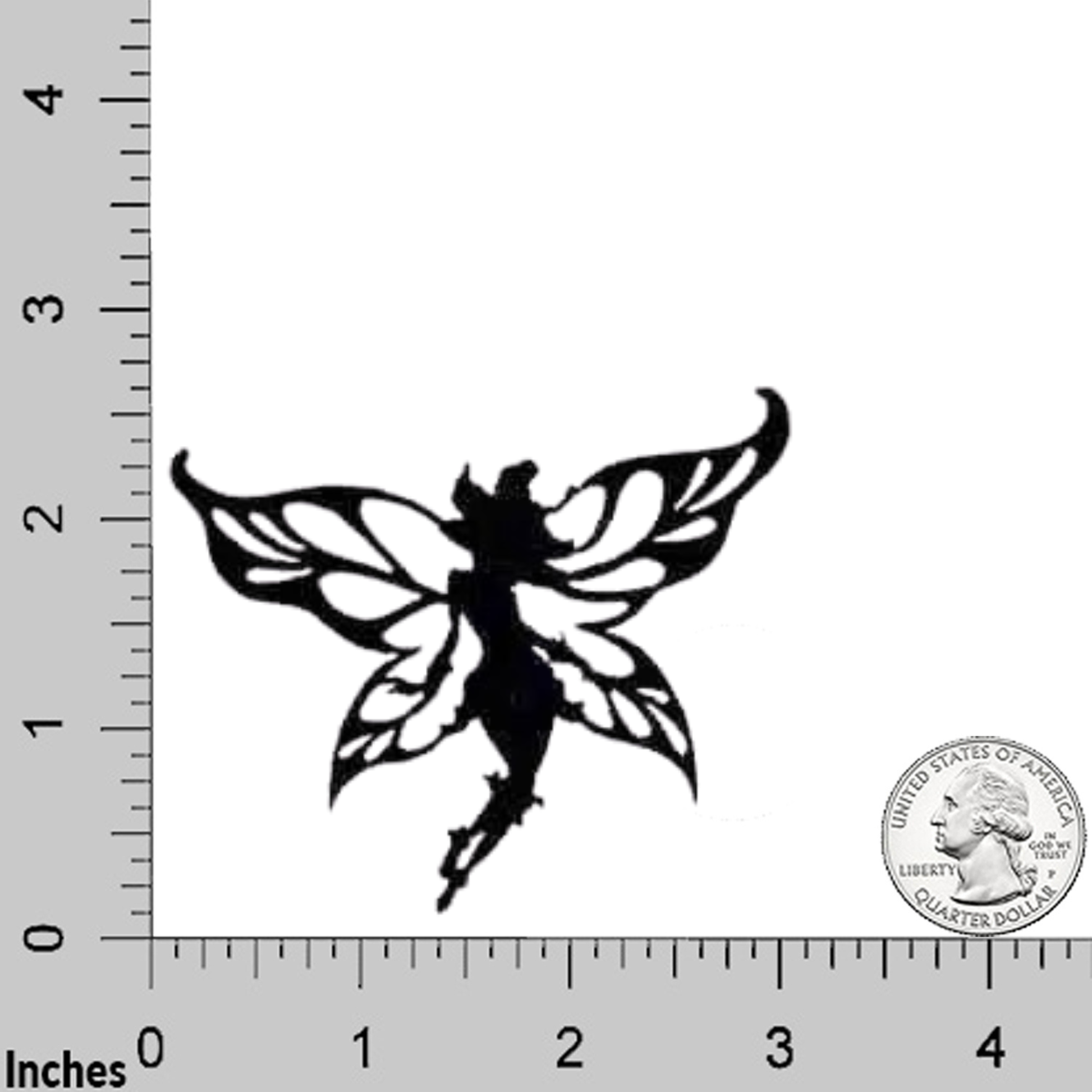 The Laughing Lizards Disney Fairy Lily Silhouette Cut Out (2-Pack) Iron On Patch features a black fairy with butterfly wings, shown with rulers and a U.S. quarter for scale—perfect for adding to DIY craft accessories.