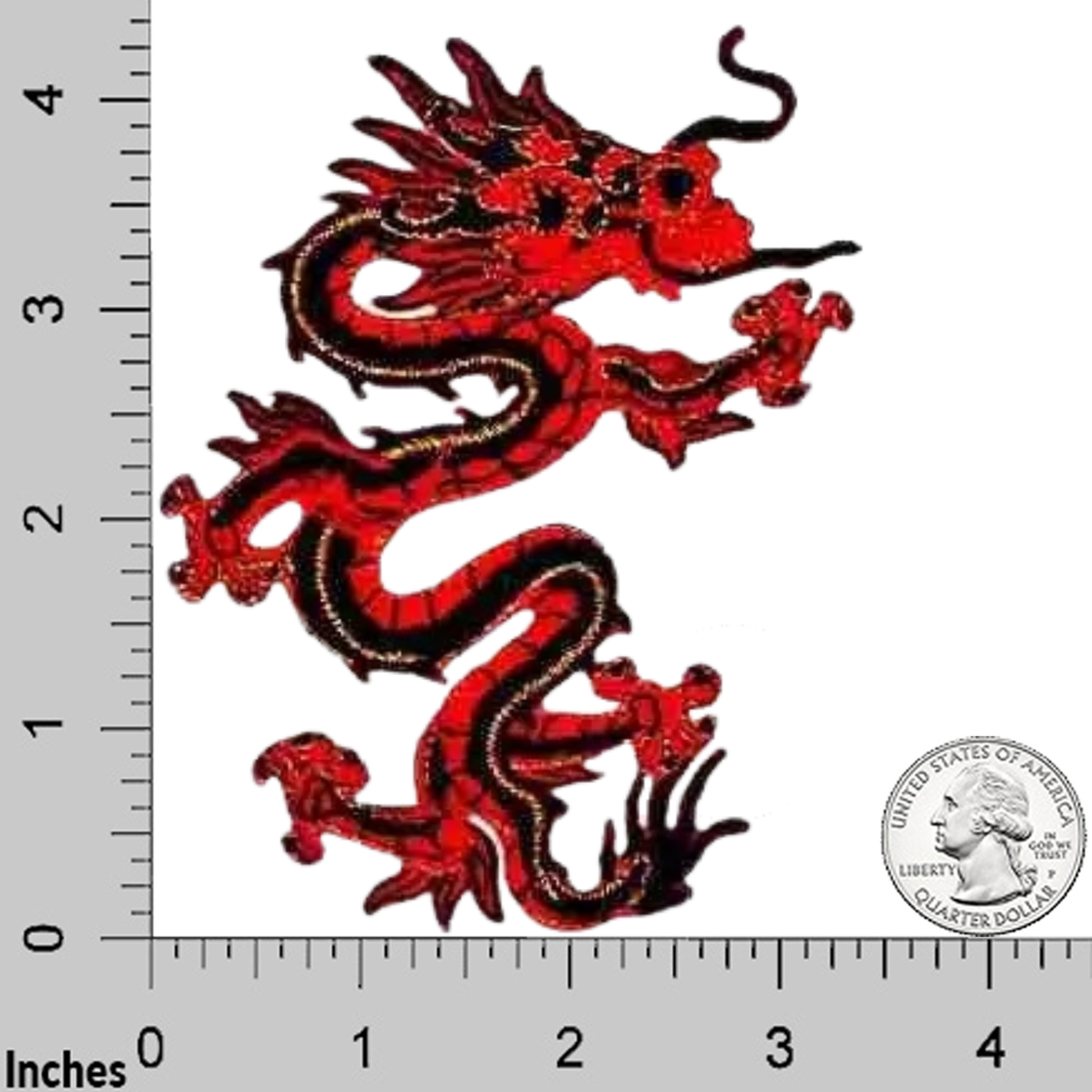 The Laughing Lizards Red and Black LARGE Asian Dragon Embroidered Iron-On Patch (2-Pack) is shown next to a ruler and U.S. quarter for size, measuring about 3.5 inches—great for crafts or Chinese New Year decorations.