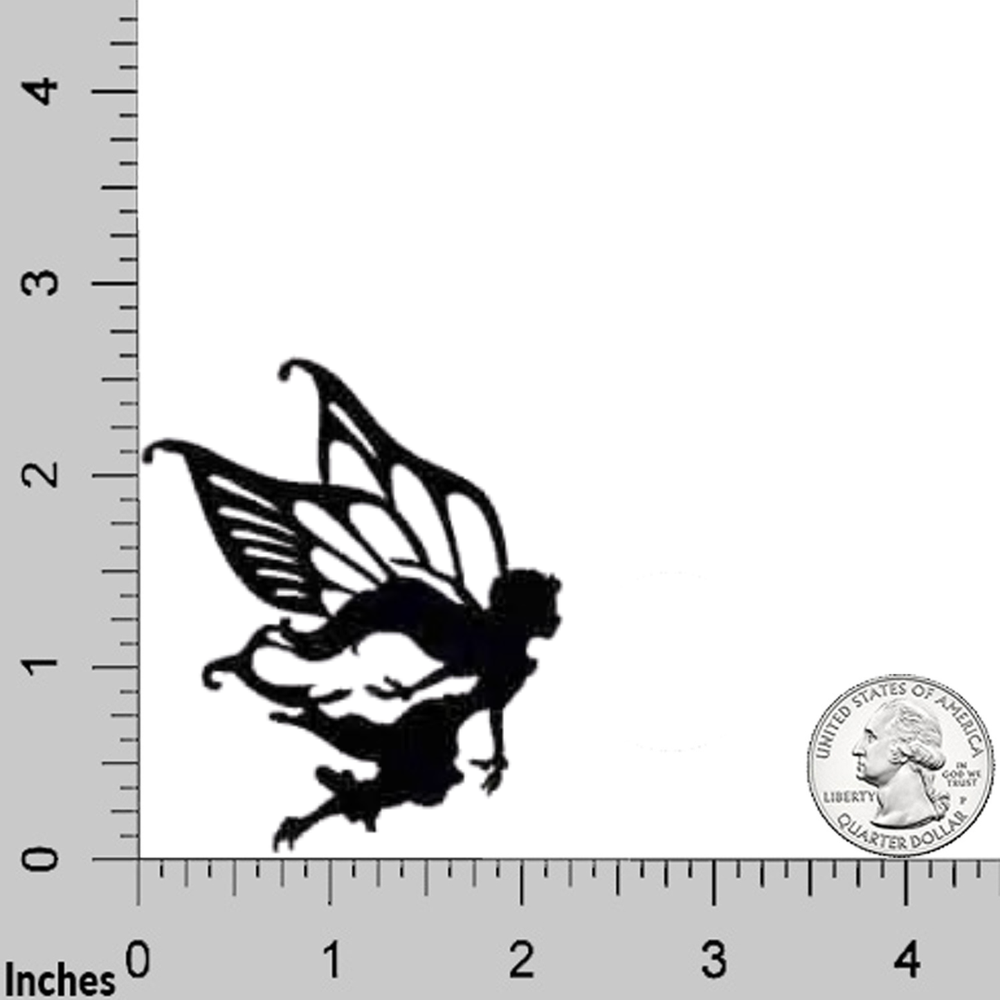 The Laughing Lizards Disney Fairy Rani Silhouette Cut Out (2-Pack) Iron On Patch is shown next to a ruler and US quarter for size reference—ideal as a whimsical DIY accessory or iron-on patch.