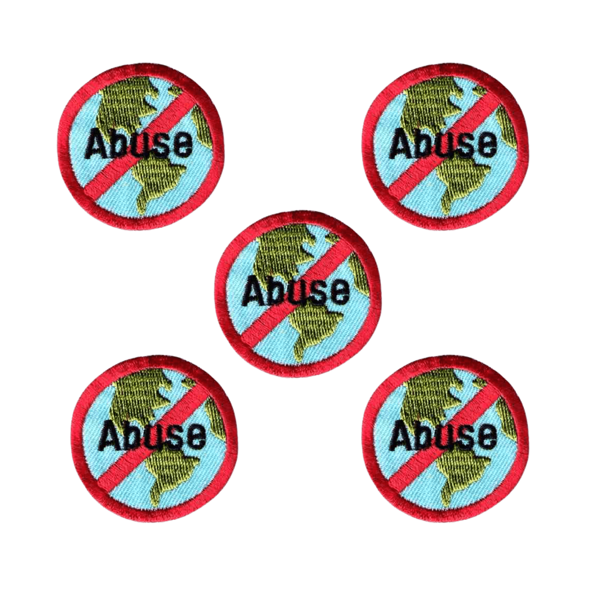 The Laughing Lizards Stop Environmental Abuse (5-Pack) Iron On Patch features a globe with "Abuse" crossed out—ideal as DIY craft patches to show your stand against environmental abuse.