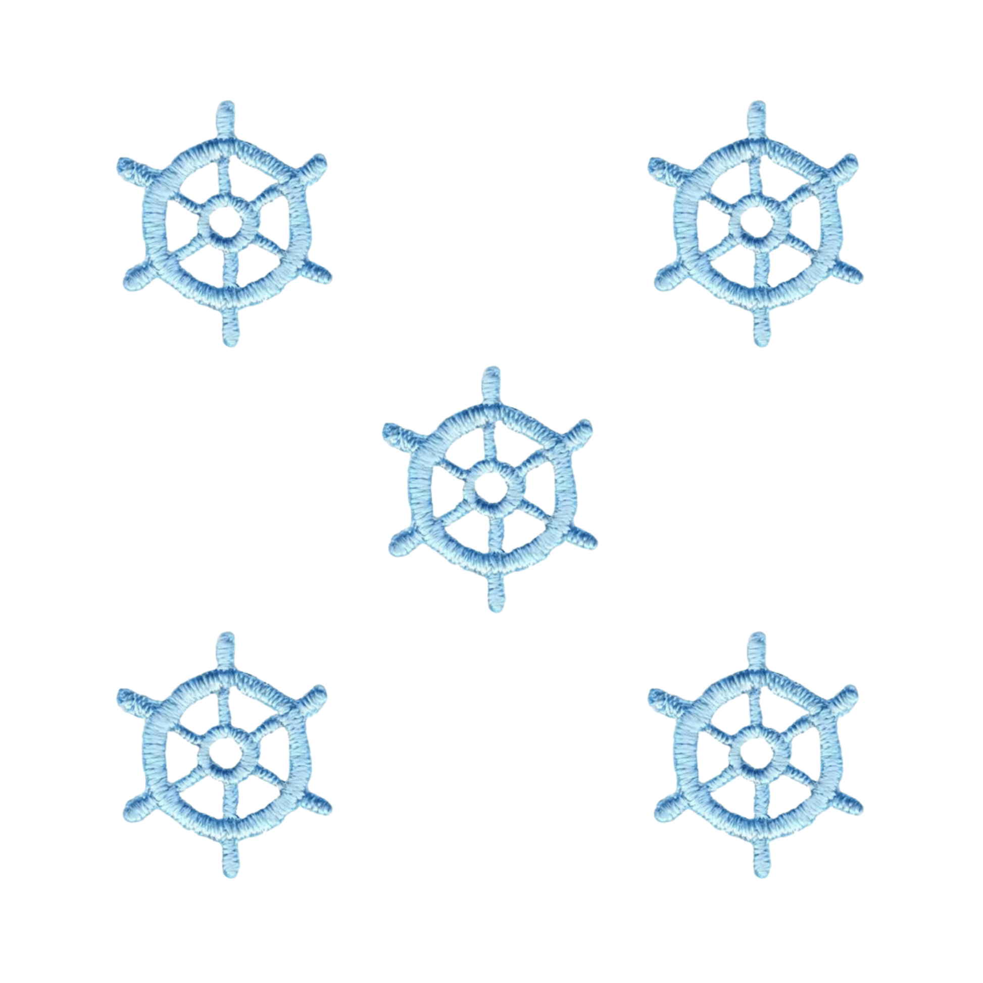 Five light blue ship wheels create a marine motif on a white background in the Tiny Nautical Wheel (5-Pack) Iron on Patch by Laughing Lizards—ideal for nautical-themed embroidery projects.