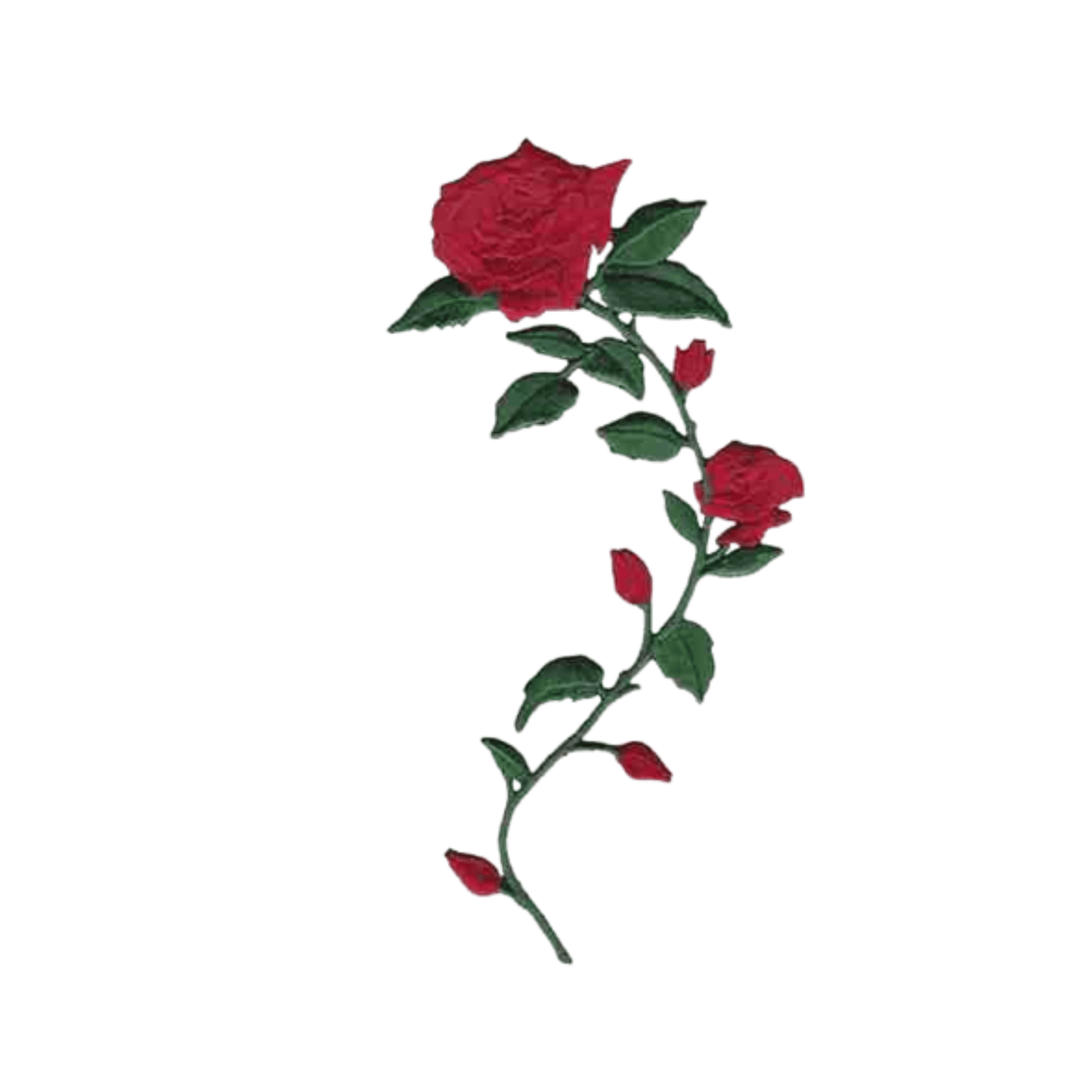 A red Roses on Stem Patches (2-Pack) Floral Embroidered Iron On Patch - Left Facing with leaves on a white background.