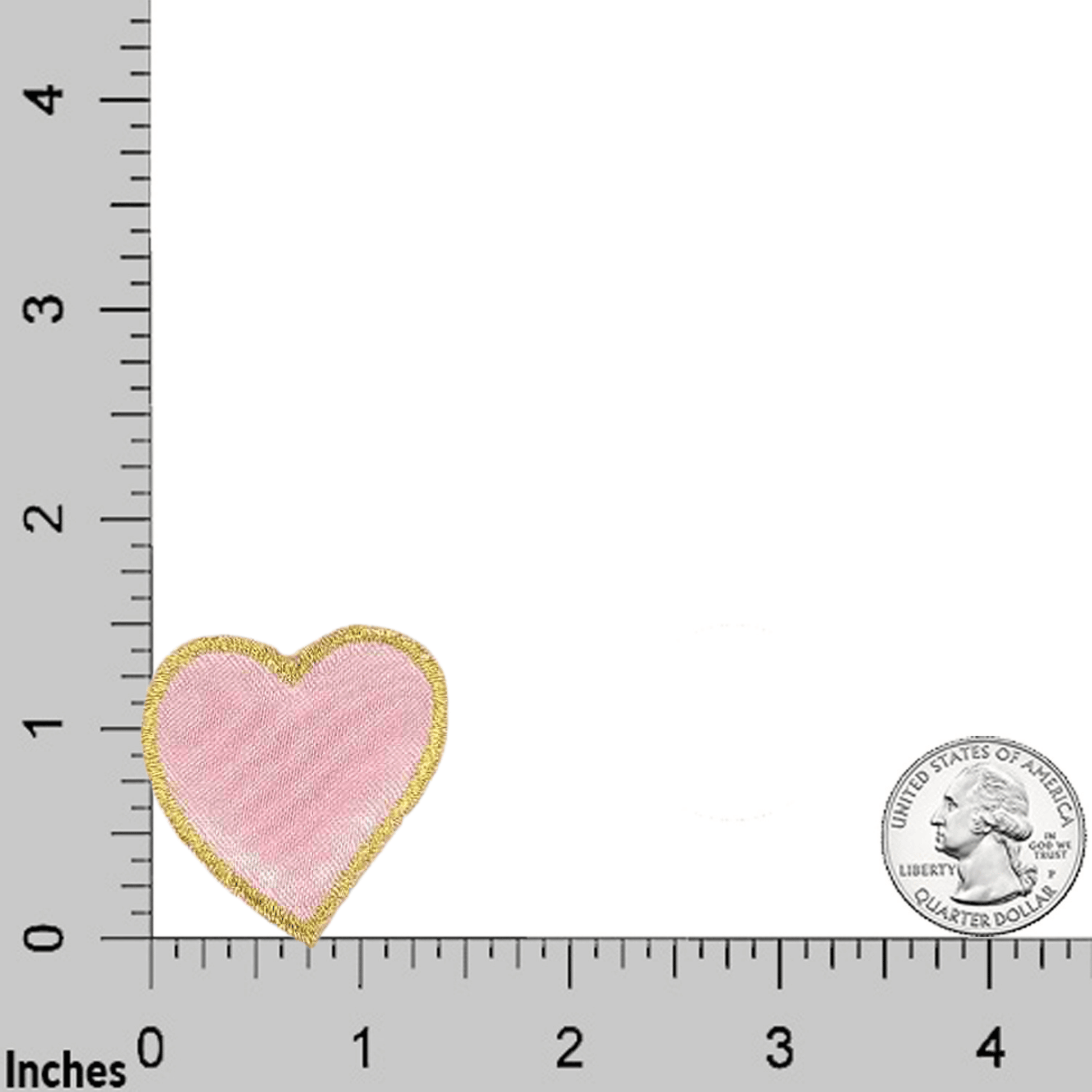 A Pink Heart Patches (5-Pack) Heart Embroidered Iron on Patch Applique is shown next to a ruler.