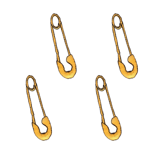 The LaughingLizards Diaper Safety Pin Baby (4-Pack) Embroidered Iron On Patch features four gold safety pin patches in a loose square on a white background.