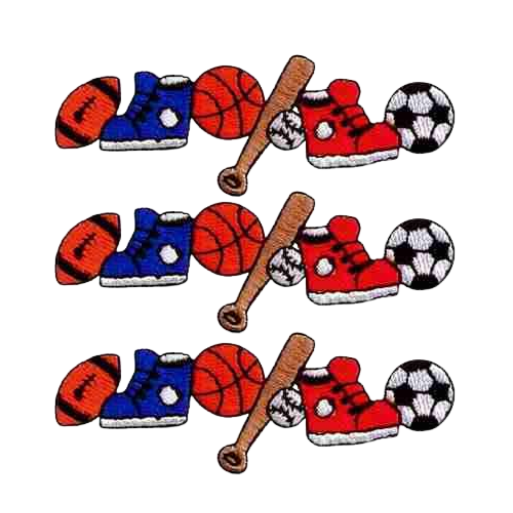 Customize your gear with Laughing Lizards’ Chain of Sports Equipment Iron On Patch (3-Pack)—each vibrant patch features a football, blue sneakers, basketball, baseball bat with ball, red sneakers, and a soccer ball.