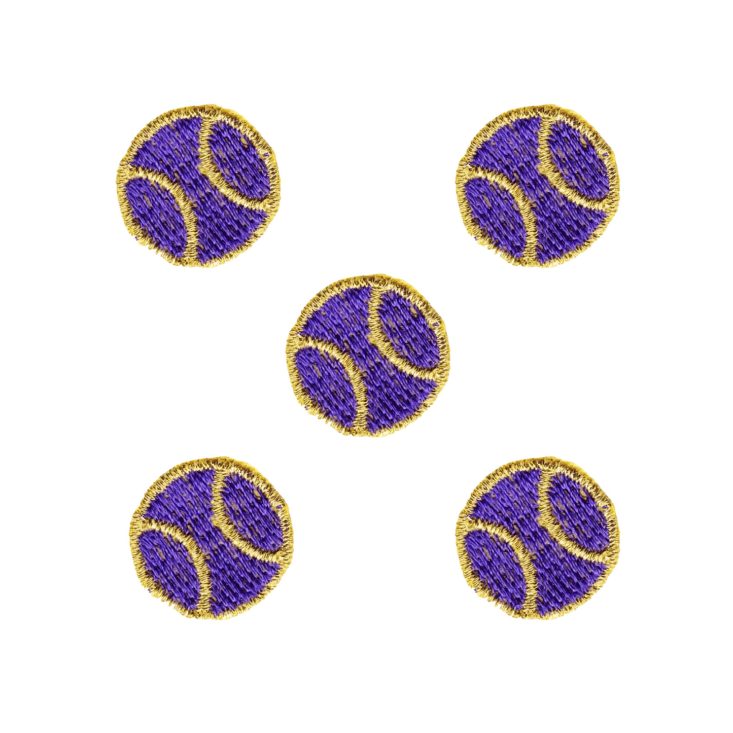 Add a playful sporty touch to any outfit with Laughing Lizards’ Tiny Tennis Ball (5-Pack) Sport Iron On Patch—five purple tennis balls with yellow borders, arranged for standout style.