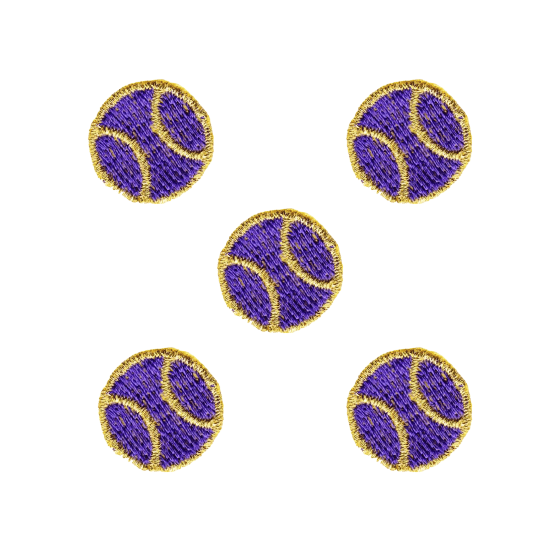 Add a playful sporty touch to any outfit with Laughing Lizards’ Tiny Tennis Ball (5-Pack) Sport Iron On Patch—five purple tennis balls with yellow borders, arranged for standout style.