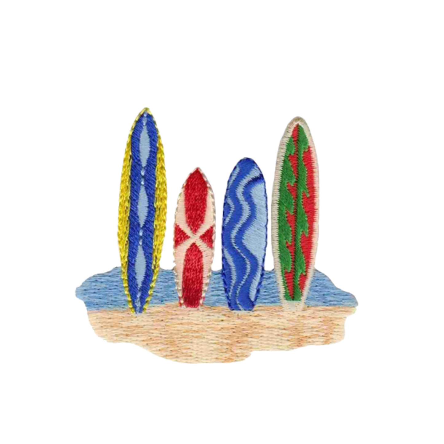 Surfboards in Sand (2-Pack) Iron On Patch by Laughing Lizards features four vibrant surfboards with unique patterns standing upright in sand beside blue water, captured in an eye-catching embroidered design.