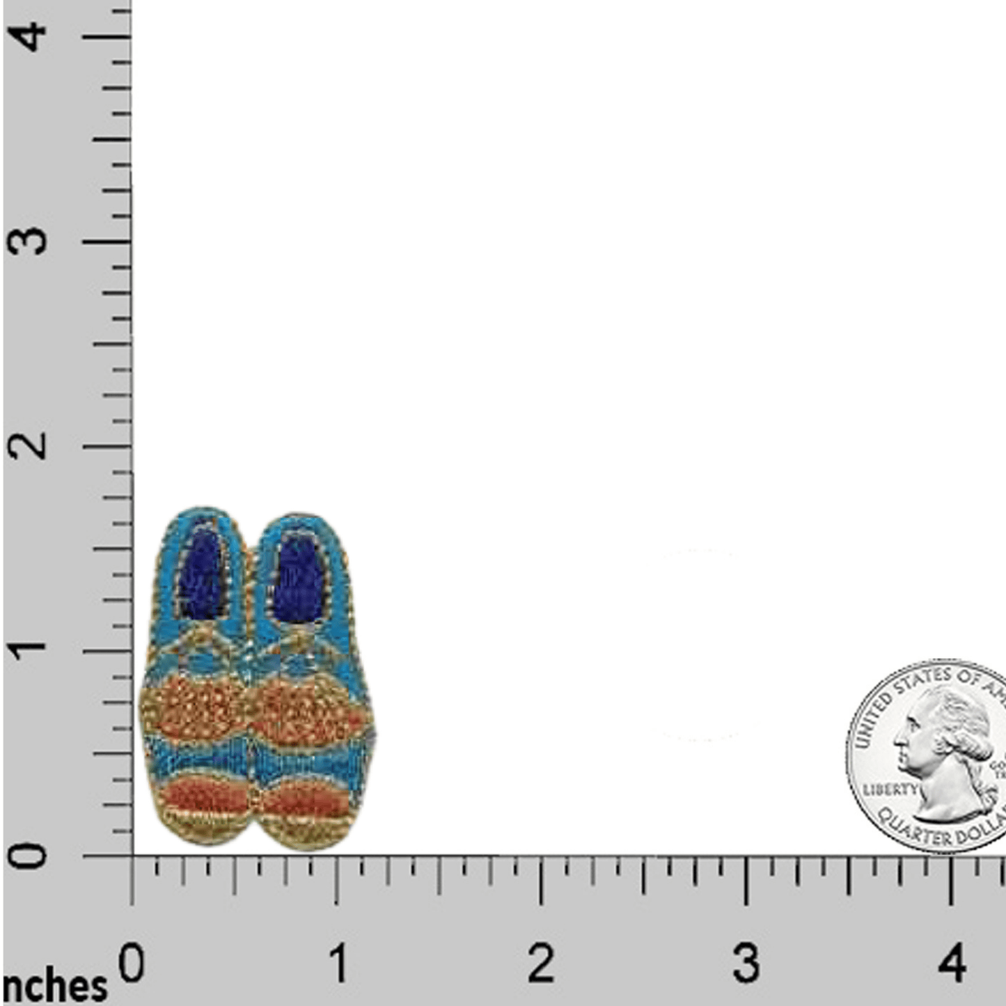 A pair of Golf Shoes Patches (5-Pack) Golf Embroidered Iron On Patch Applique next to a ruler.