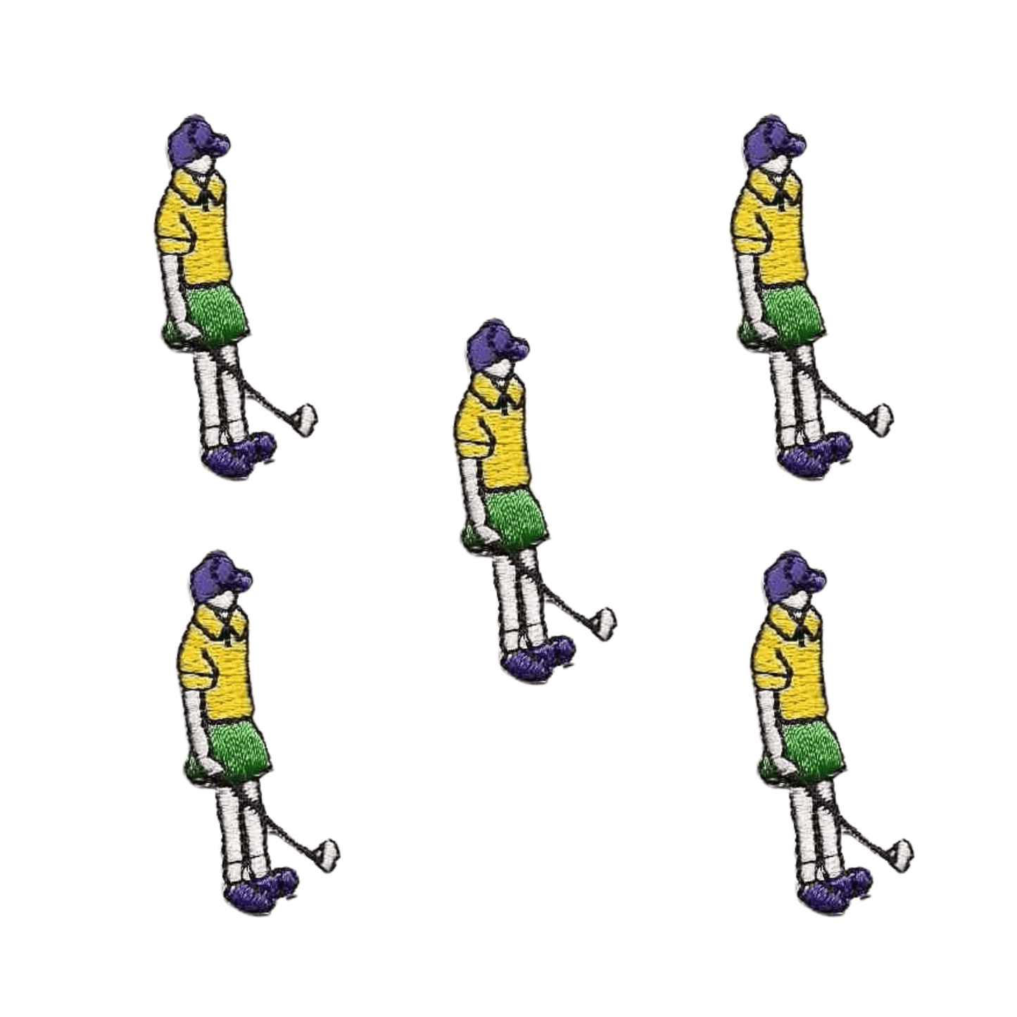 The Laughing Lizards Tiny Golfer Applique In Yellow (5-Pack) features five cartoon dog iron-on patches in yellow shirts—perfect for adding a playful touch to your DIY crafts or accessories.