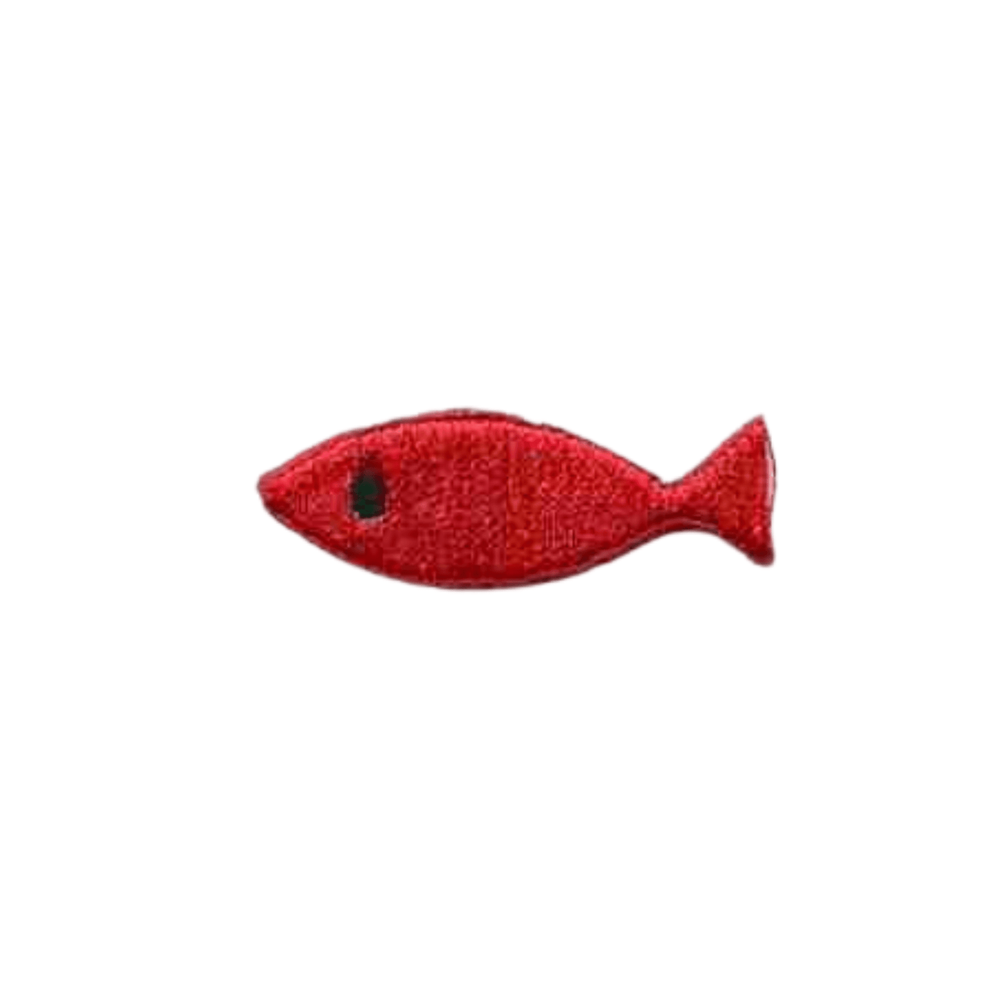 The Laughing Lizards Plain Fish in RED (5-Packs) embroidered iron-on patch features a simple red fish with a black eye, ideal for DIY craft embellishments or as sealife-themed patches.