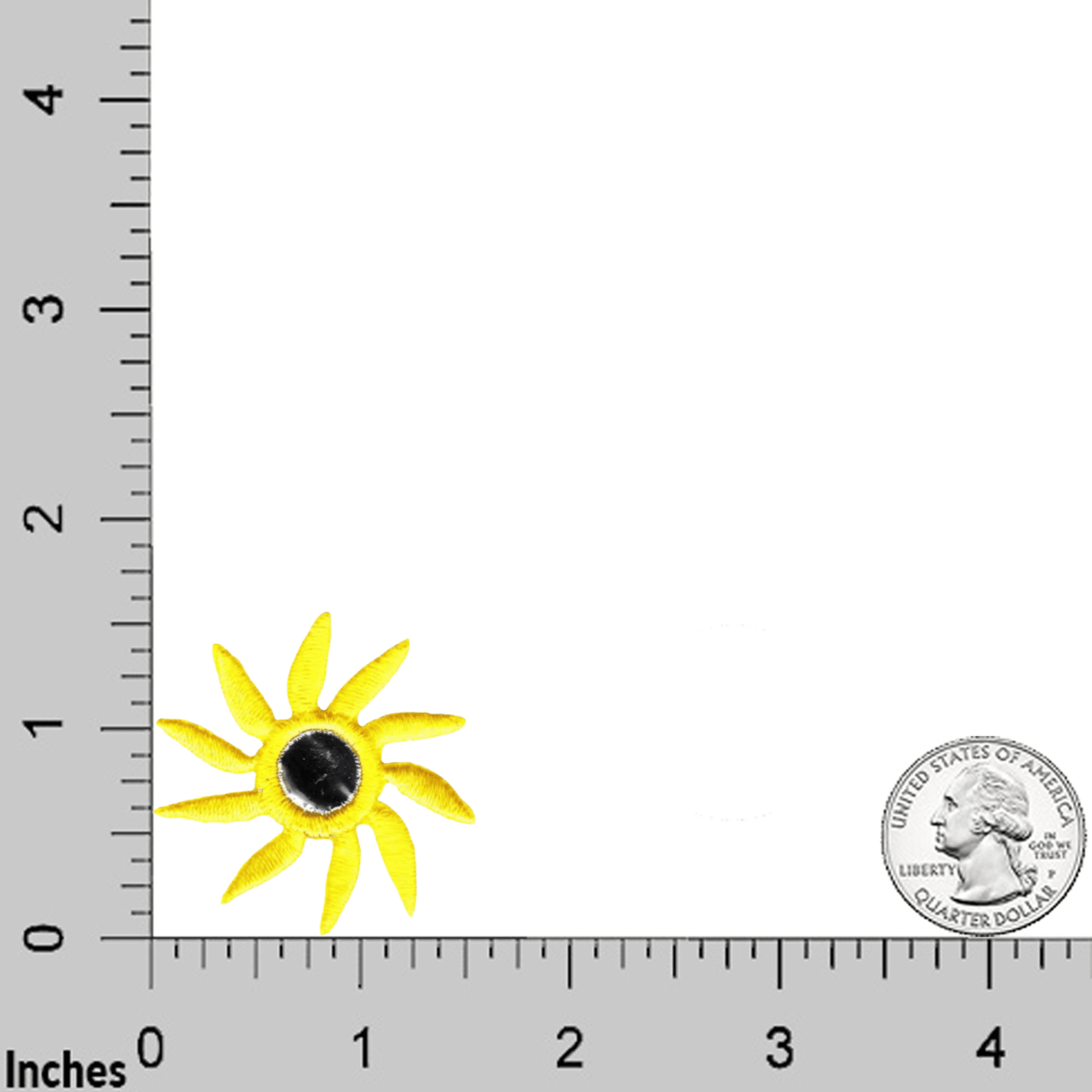 The Laughing Lizards Mirrored Spiral Flower (4-Pack) Iron On Patch in yellow features a small applique with a black center, shown beside a US quarter on an inch grid—ideal for handmade craft decoration.