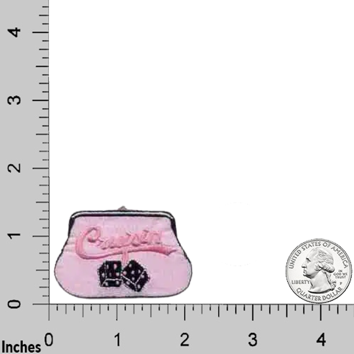 The LaughingLizards Coin Purse "Cruisin" (3-Pack) Iron On Patch features a retro 1950s-style pink purse with "Vegas" and dice, shown beside a quarter and ruler for scale—perfect for fans of vintage patch looks.