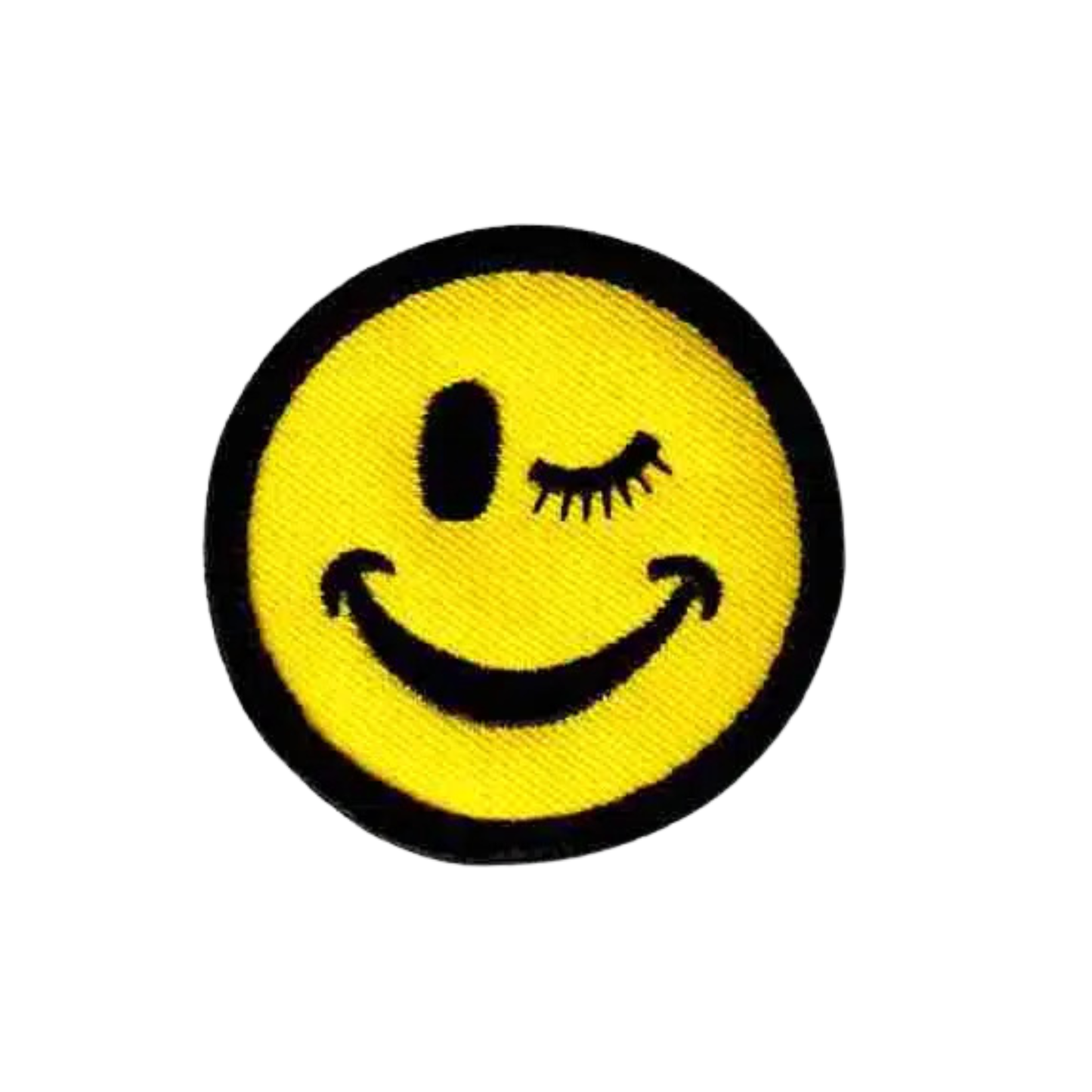 The Laughing Lizards Winking Smiley Face Iron On Patch (3-Pack) features a yellow smiling face with a black border and playful wink—perfect for adding fun style to any outfit.