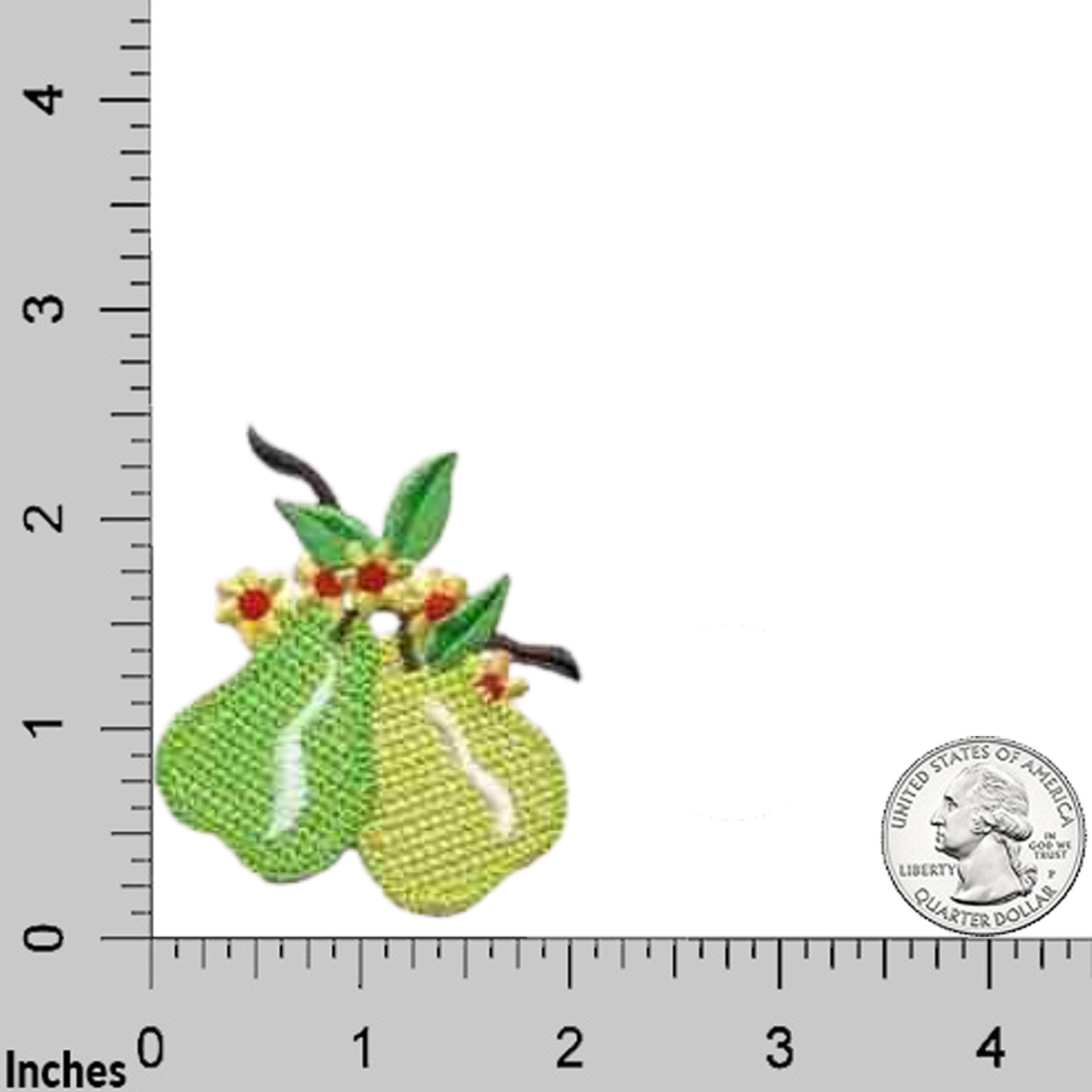 The LaughingLizards Two Crocheted Pears Fruit Iron On Patch (3-Pack) features green pears with leaves and red flowers, shown with a ruler and US quarter for scale—a charming DIY accessory for your craft projects.