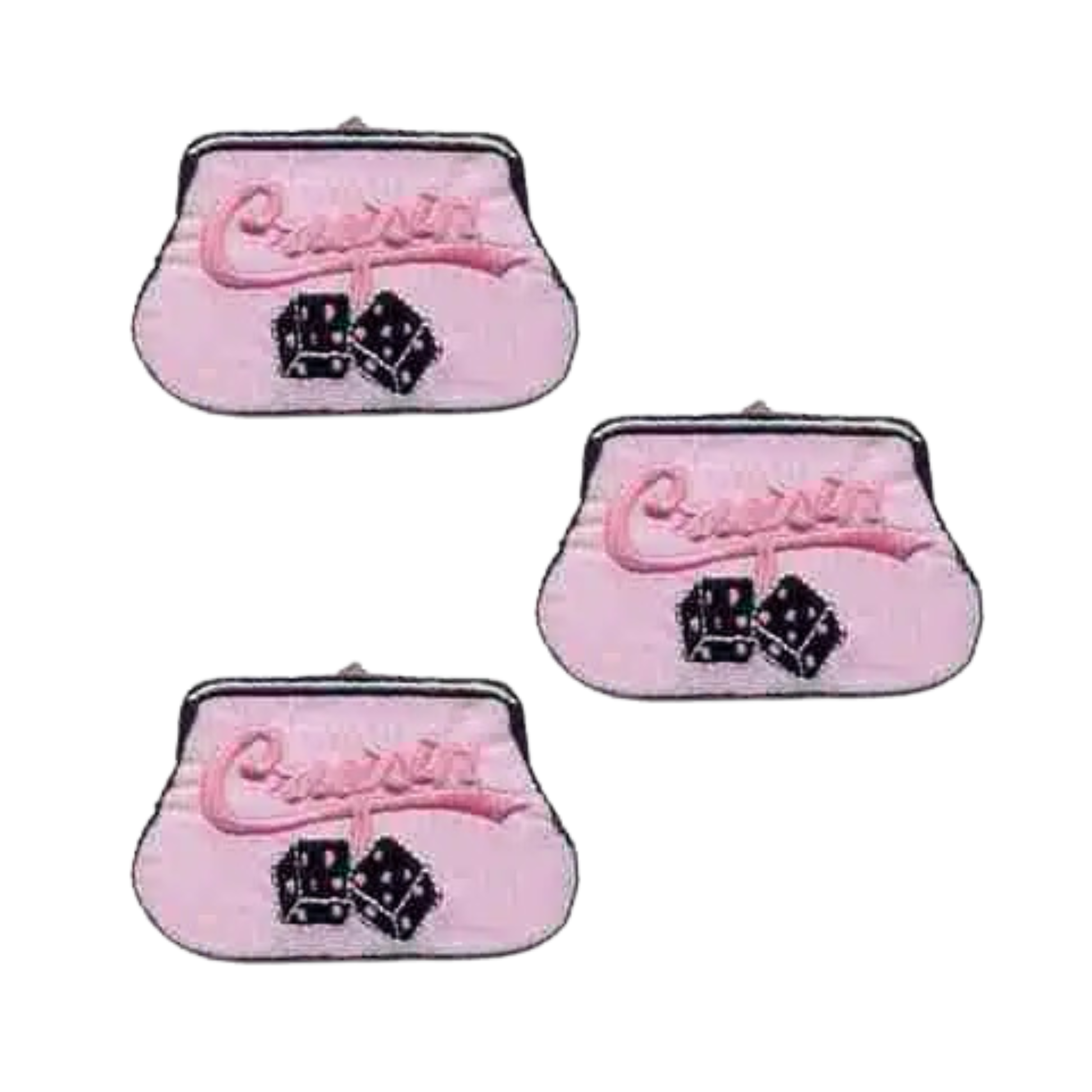 Three identical LaughingLizards Coin Purse "Cruisin" (3-Pack) iron-on patches featuring "Crystal" in cursive and two black dice, each with a playful retro 50s style, displayed on a white background.