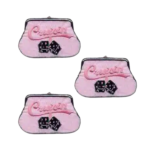 Three identical LaughingLizards Coin Purse "Cruisin" (3-Pack) iron-on patches featuring "Crystal" in cursive and two black dice, each with a playful retro 50s style, displayed on a white background.