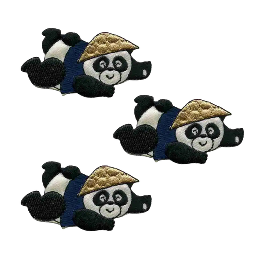 The Laughing Lizards Panda Bear In Asian Hat & Vest Iron on Patch 3-Pack features three identical patches showing a cute panda in a golden conical hat and blue outfit, lying on its stomach, all on a white background.