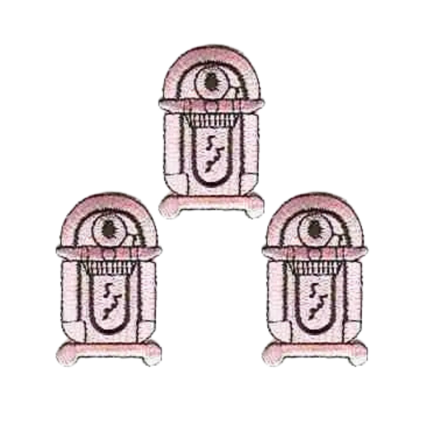 The LaughingLizards Jukebox (3Pack) Iron on Patch: Pink features three identical patches with a large-eyed jukebox design, arranged in a triangle—ideal for adding rock ‘n roll flair to your gear.