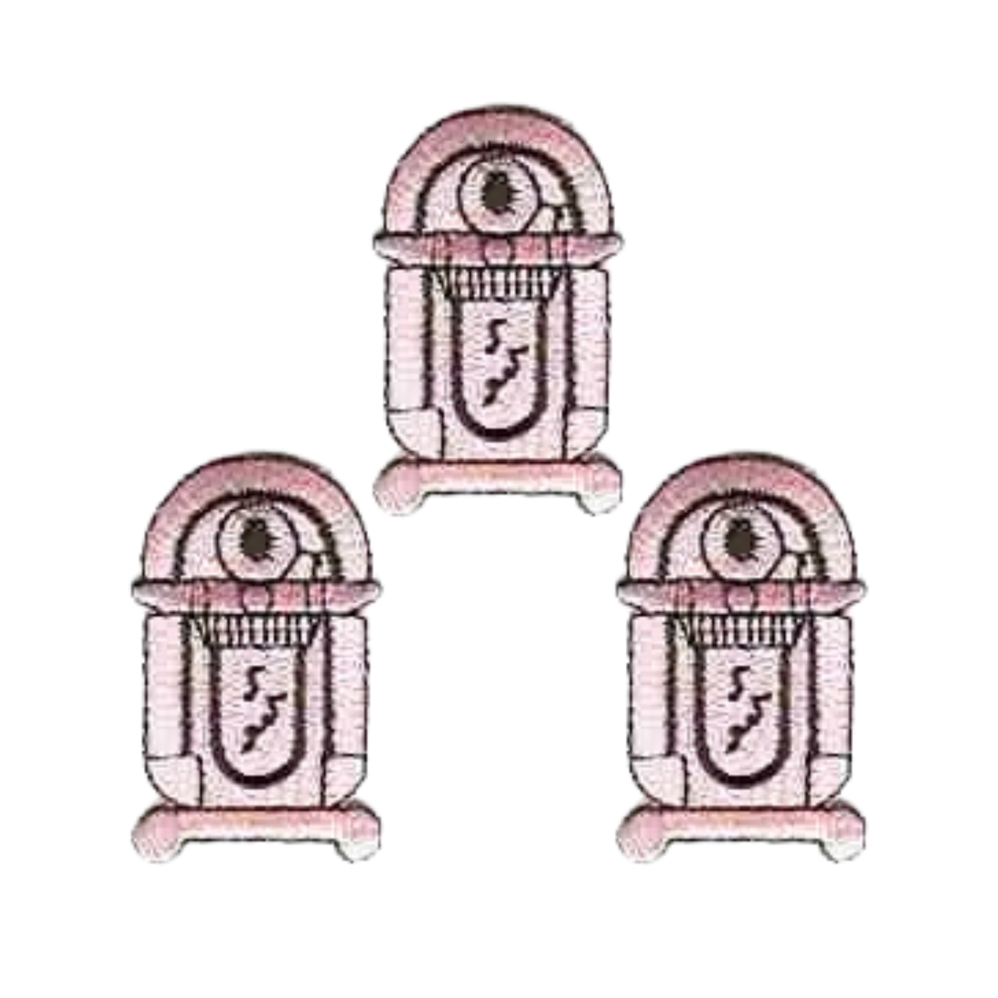 The LaughingLizards Jukebox (3Pack) Iron on Patch: Pink features three identical patches with a large-eyed jukebox design, arranged in a triangle—ideal for adding rock ‘n roll flair to your gear.