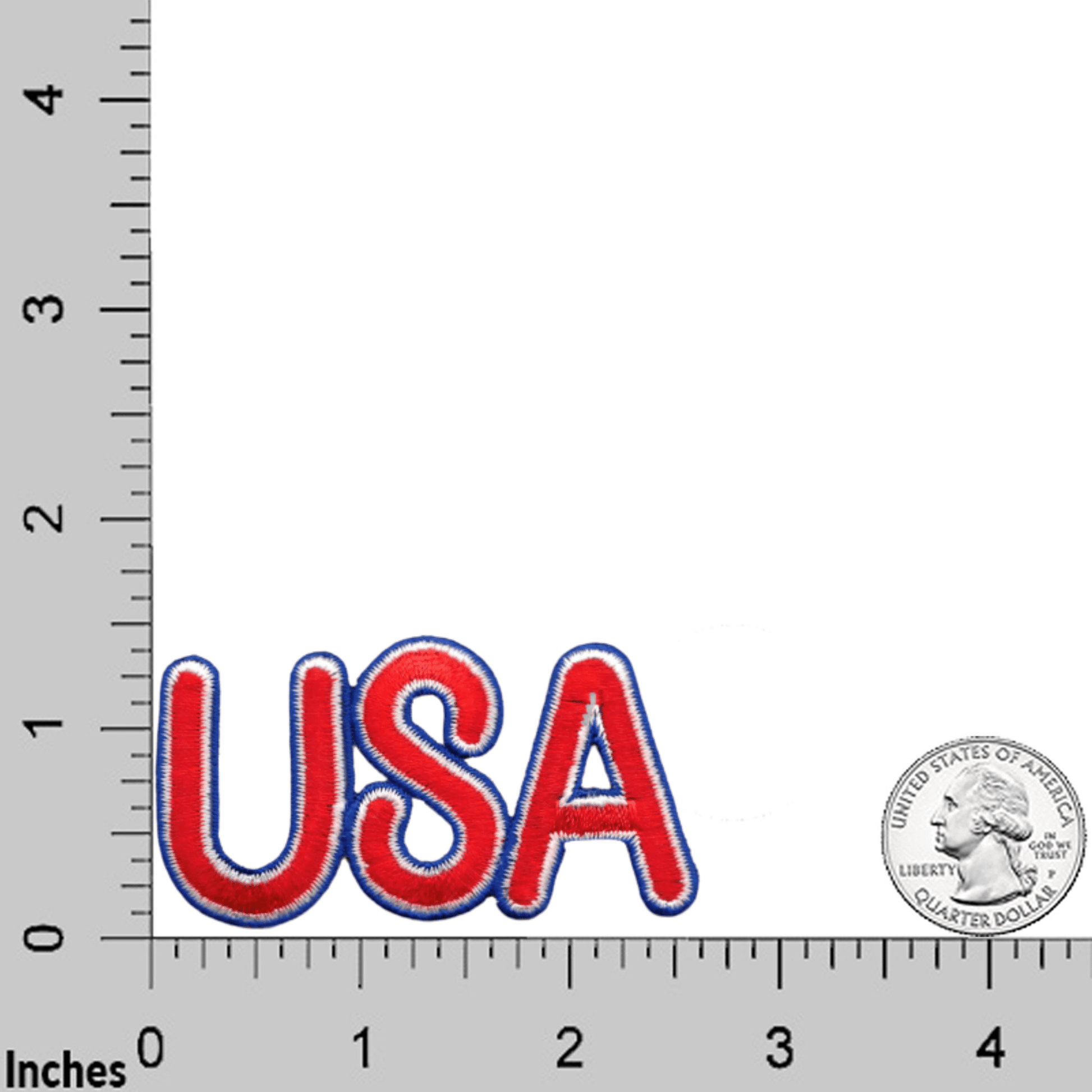 The Laughing Lizards USA Patriotic (3-Pack) Iron on Patch features a red, white, and blue embroidered design, each measuring about 3.5" wide by 1.5" tall, shown next to a US quarter and ruler for scale.