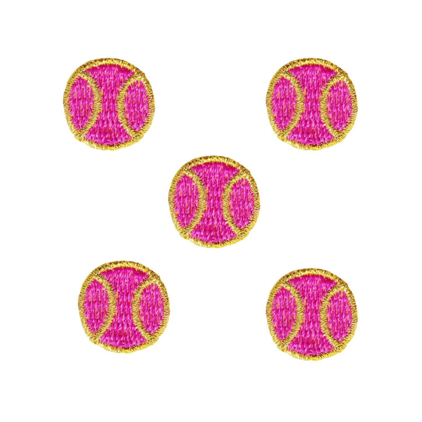 The Laughing Lizards Tiny Tennis Ball (5-Pack) Sport Iron on Patch - Fuchsia features five pink and yellow embroidered patches in a dice five pattern—perfect for decorating jackets, bags, or hats.