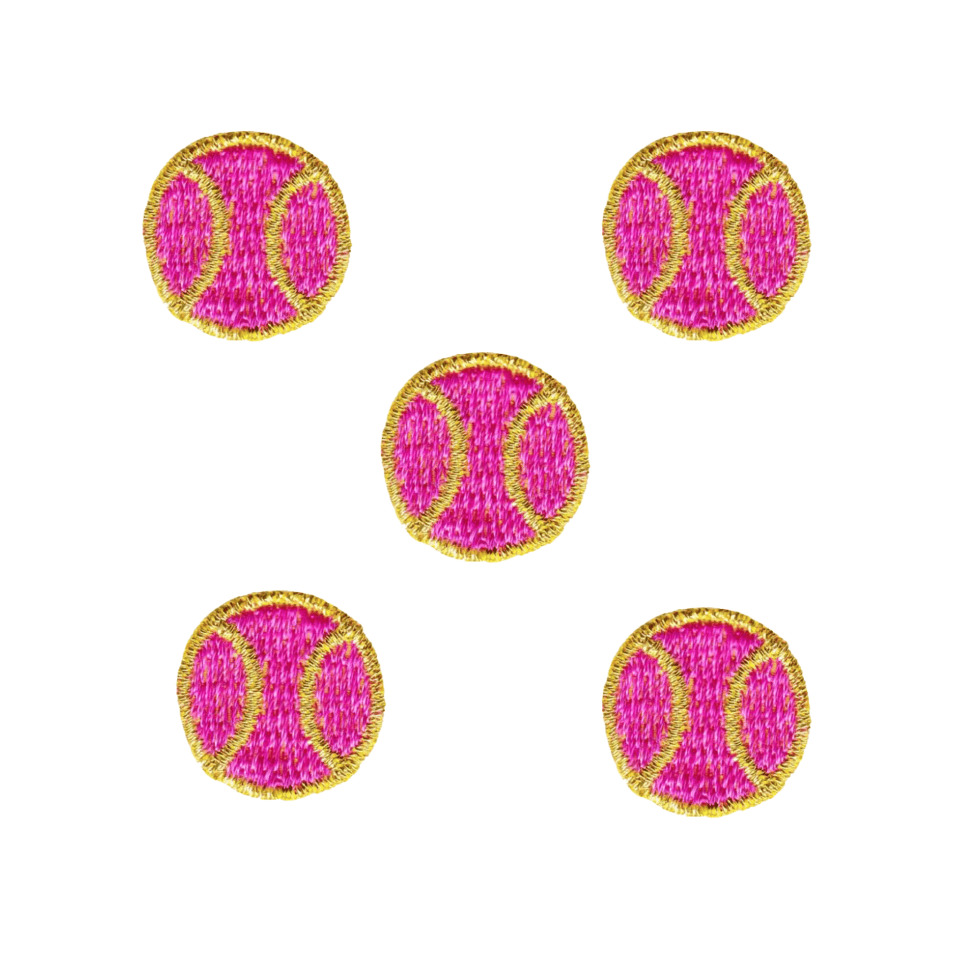 The Laughing Lizards Tiny Tennis Ball (5-Pack) Sport Iron on Patch - Fuchsia features five pink and yellow embroidered patches in a dice five pattern—perfect for decorating jackets, bags, or hats.