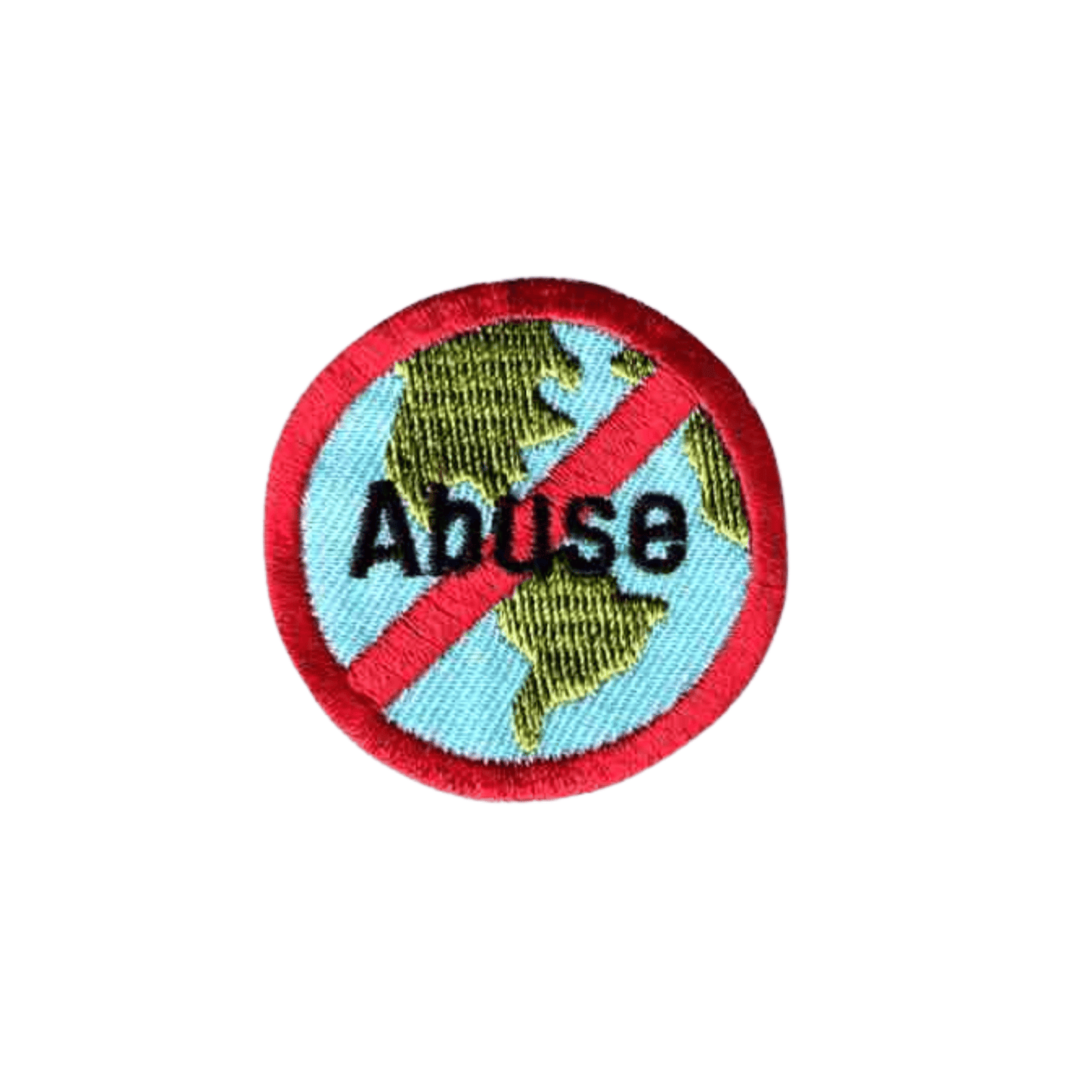 The Laughing Lizards "Stop Environmental Abuse" Iron On Patch (5-Pack) features a globe with "Abuse" crossed out, symbolizing opposition to global environmental harm.