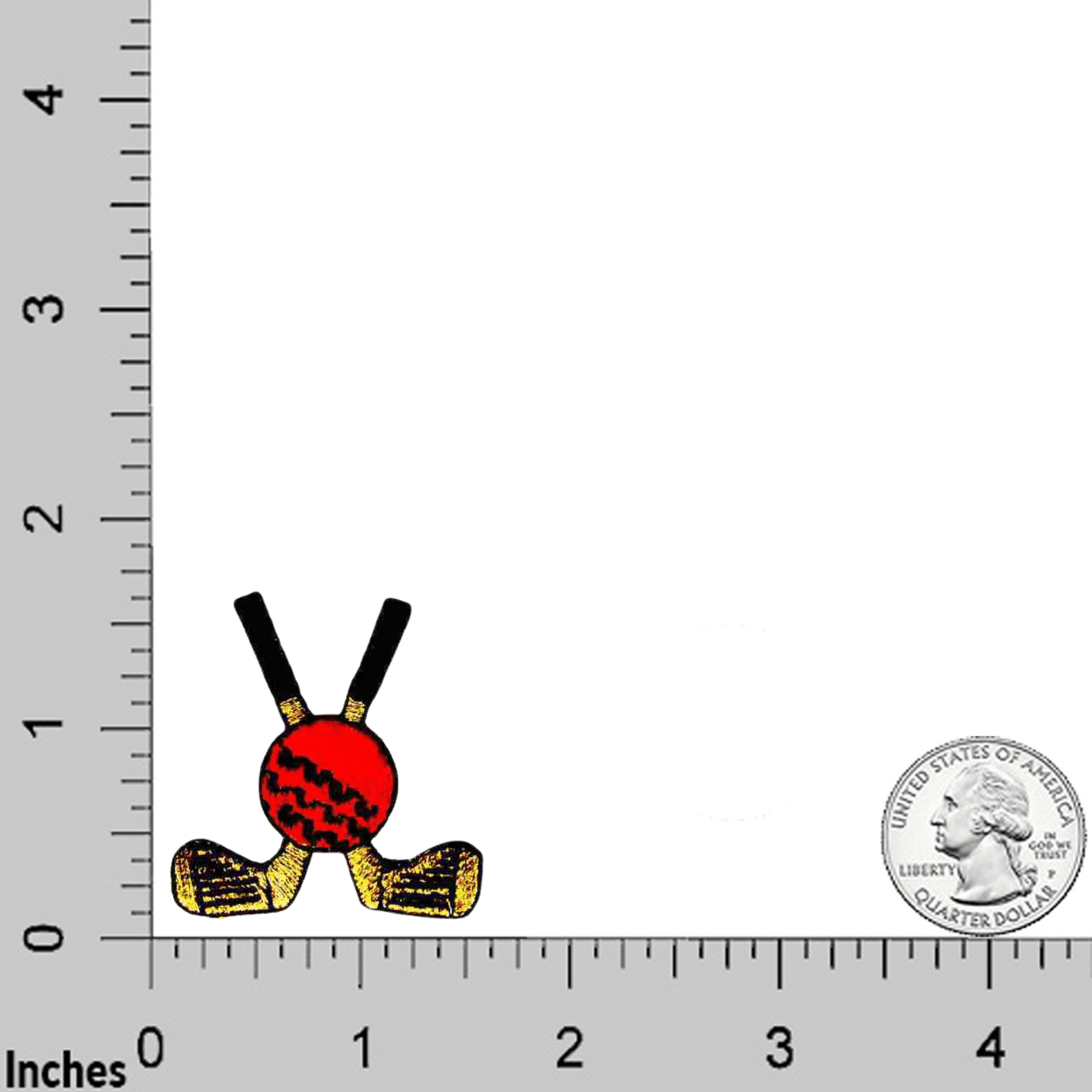 A ruler with a Golf Clubs with Ball Patches (5-Pack) Sport Embroidered Iron On Patch Applique and a red hockey stick.