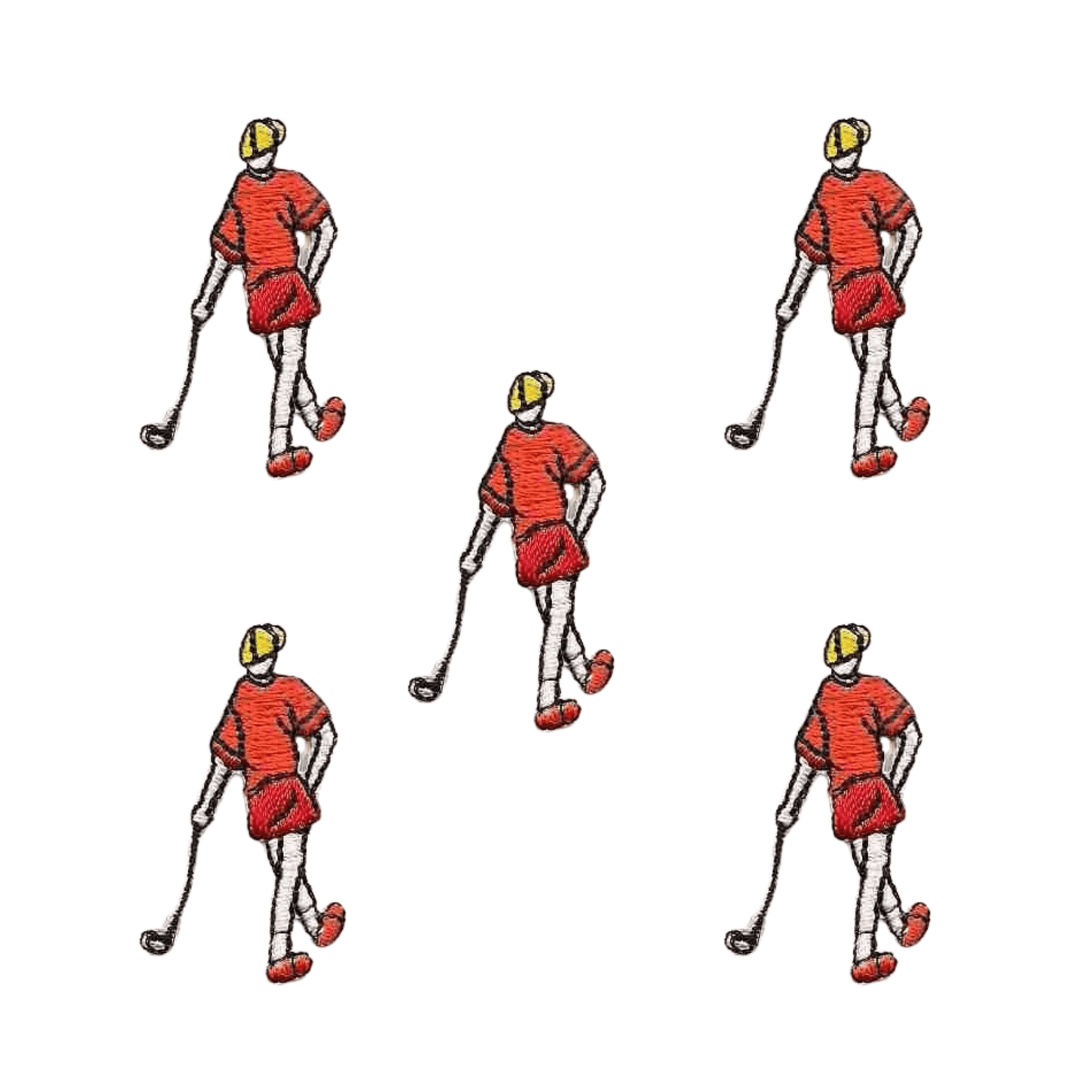 The Laughing Lizards Tiny Golfer in Orange (5-Pack) Iron on Patch features five identical embroidered figures in orange outfits with yellow hats, each holding a golf club—ideal DIY decorating accessories, neatly arranged on a white background.