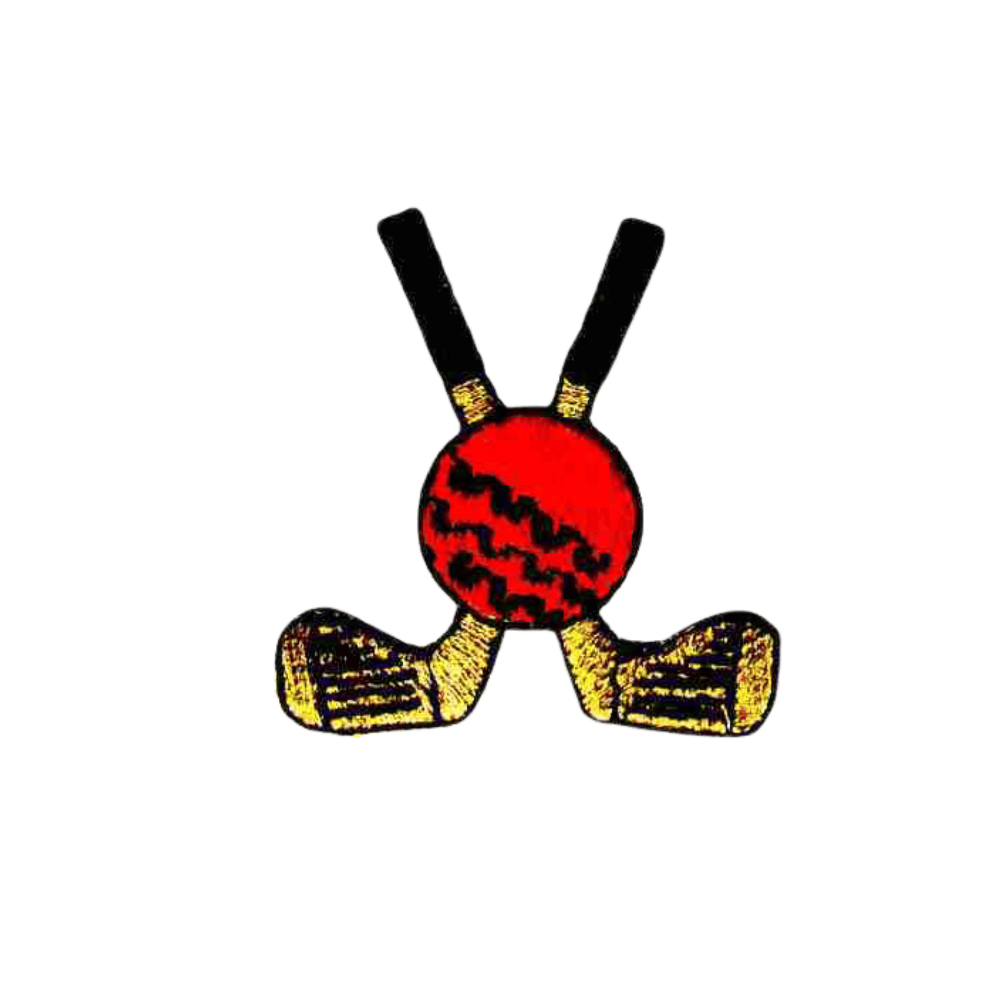 A pair of Golf Clubs with Ball Patches (5-Pack) Sport Embroidered Iron On Patch Applique and a ball on a white background.
