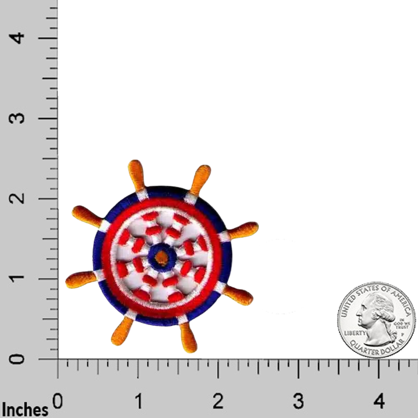 The LaughingLizards Primary Color Ship's Wheel Nautical Patch Applique (3-Pack) Iron On Patch is shown next to a ruler and a U.S. quarter for scale, each measuring about 2 inches in diameter.