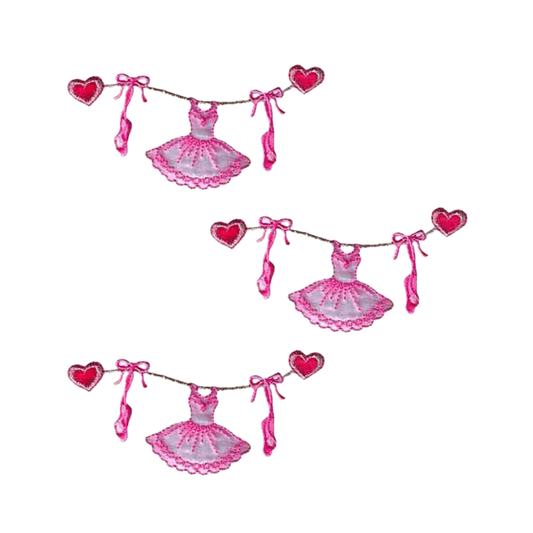 The Laughing Lizards Heart String Tutu and Toe Shoes Dance (3-Pack) Iron On Patch features pink ballerina dresses, tutus, ballet slippers, pink bows, and red hearts on a white background.