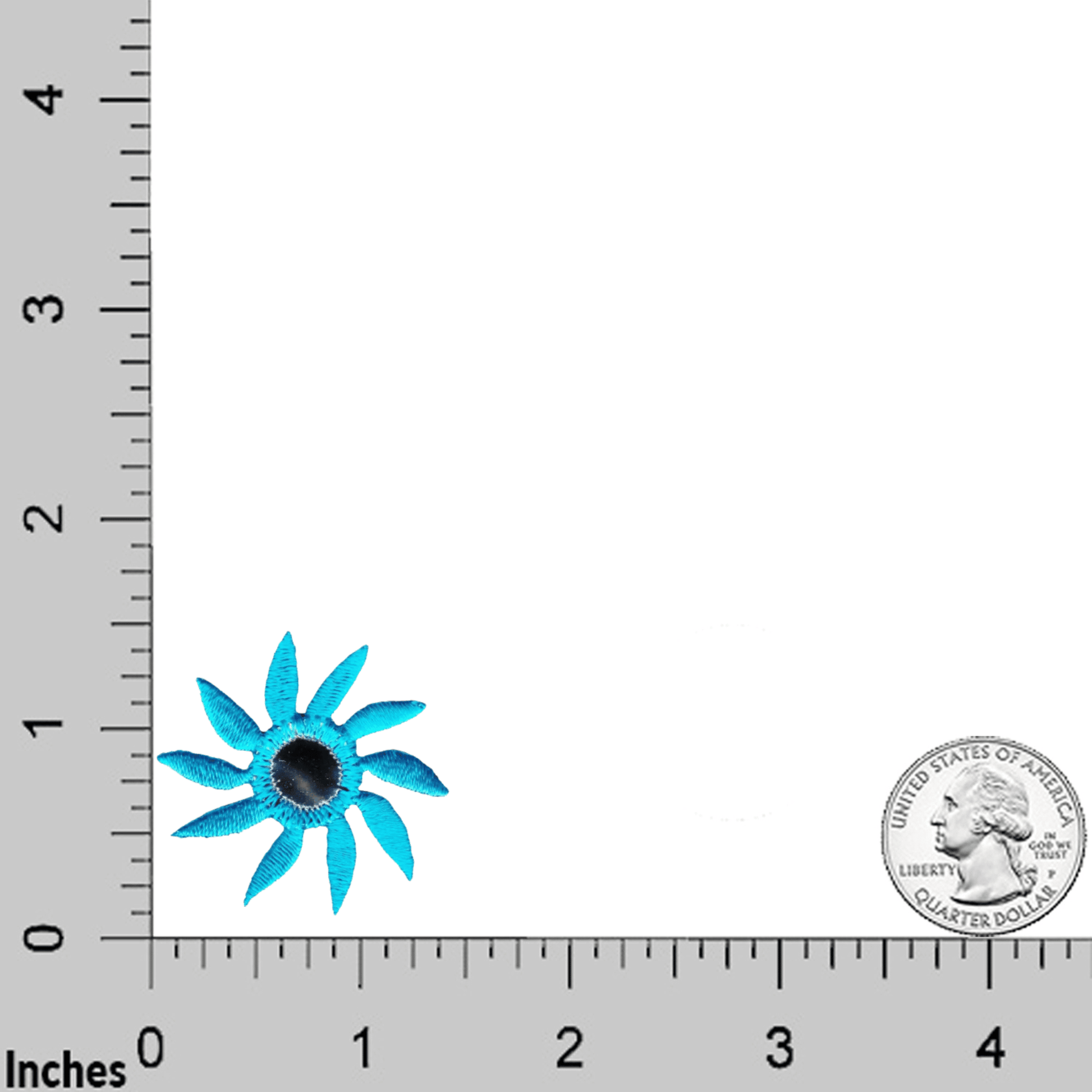 A U.S. quarter and ruler are shown next to Laughing Lizards Mirrored Pinwheel Flower (4-Pack) Iron On Patch in blue, illustrating size—ideal for decorating children's clothes or handmade crafts.