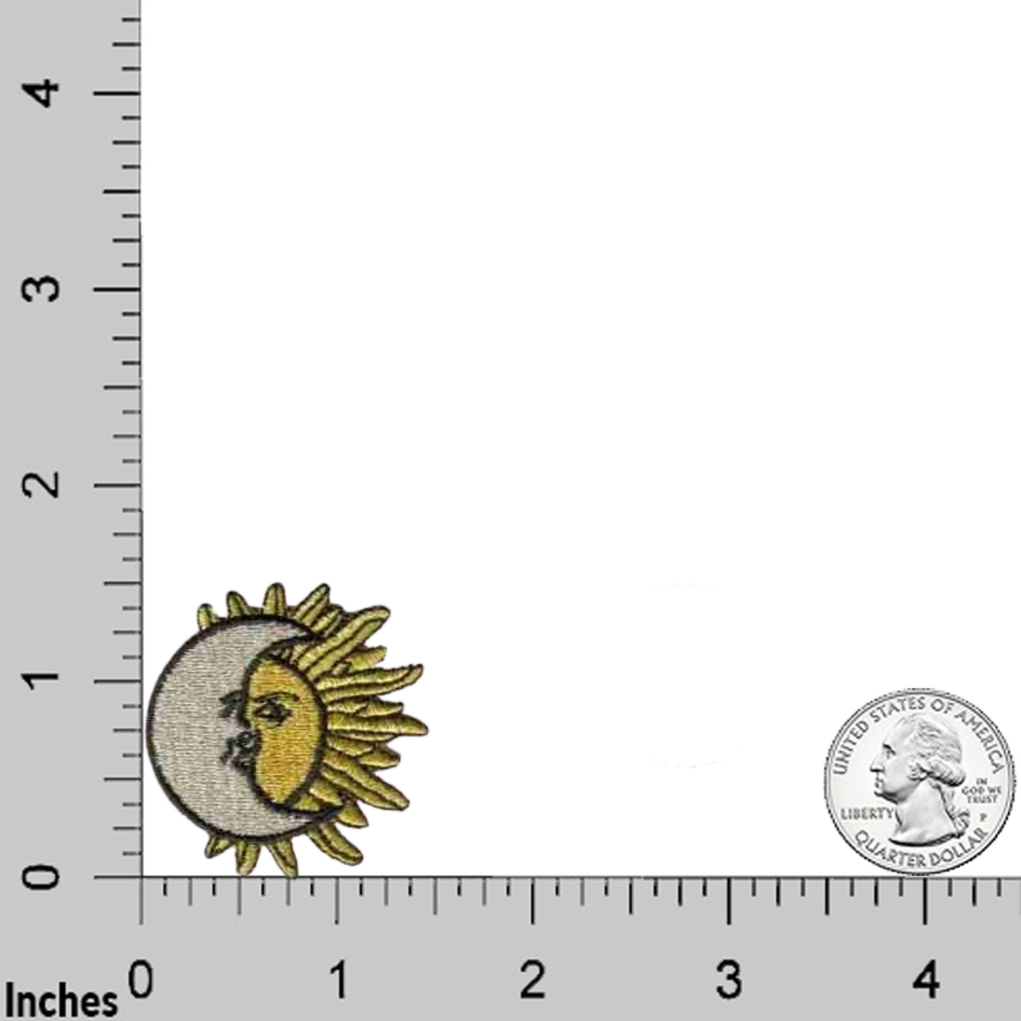 A Laughing Lizards Moon Over Sun (2-Pack) Iron On Patch is shown next to a U.S. quarter on an inch grid for scale.