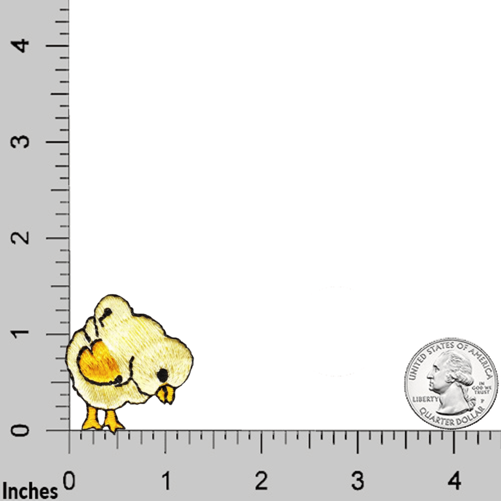 A tiny chick stands by the 0-inch mark of a ruler, with a U.S. quarter at 4 inches for scale—a charming detail from LaughingLizards’ Chick Feeding (5-Pack) Farm Animal Iron On Patch set, perfect for Easter crafts and appliques.