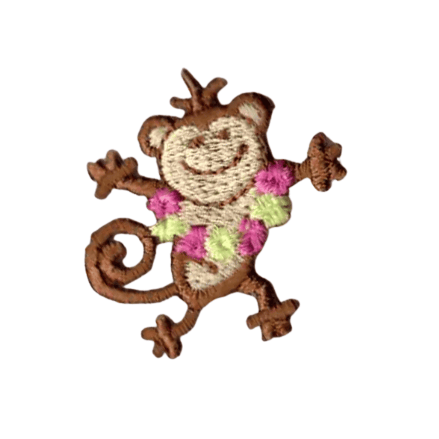 The LaughingLizards Dancing Monkey (5-Pack) embroidered iron on patches feature smiling brown monkeys with flower leis, perfect for decorating kids' jeans. Shown on a white background.