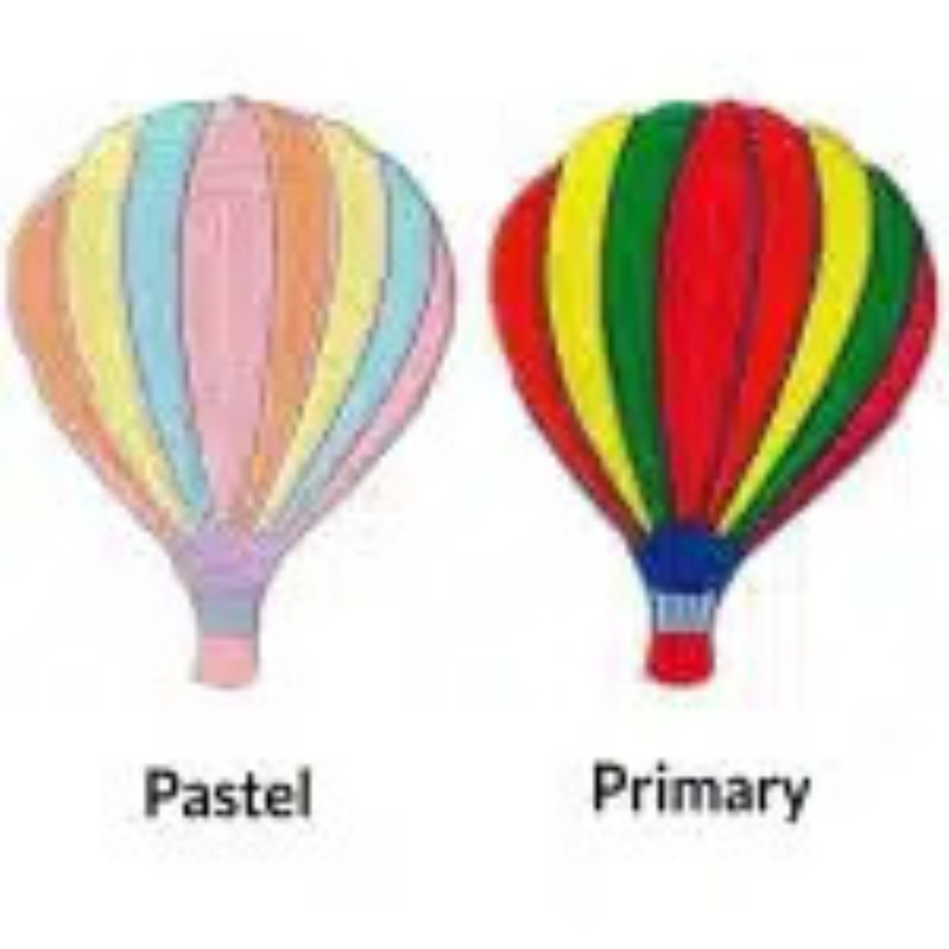 The Laughing Lizards Large Hot Air Balloon (2-Pack) Iron On Patch features two colorful balloons—one pastel, one primary—each labeled below. A charming applique perfect for personalizing clothes or accessories!.