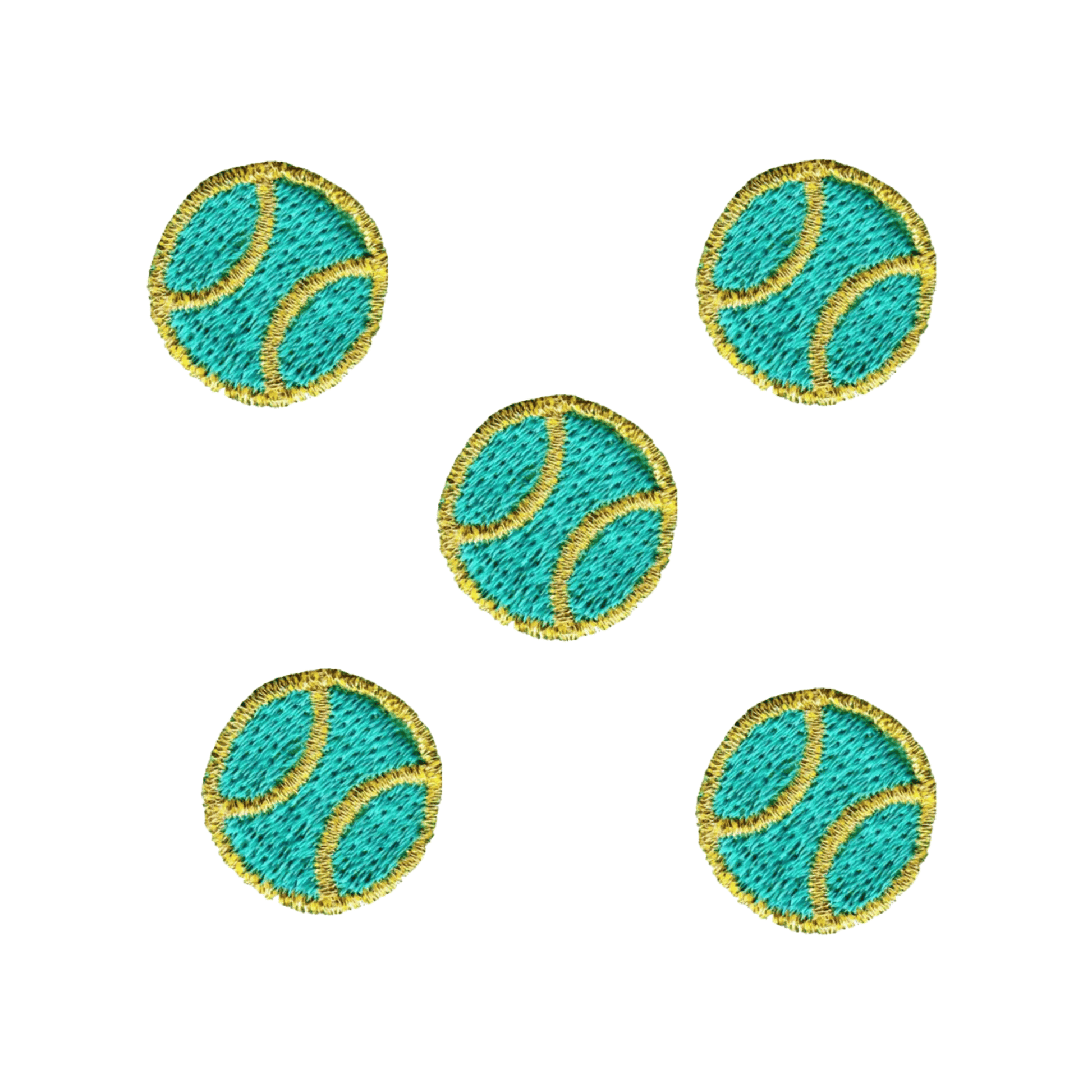 The Laughing Lizards Tiny Tennis Ball (5-Pack) Sport Iron on Patches in green are perfect for kids’ clothing or as fun outfit accents—each pack includes five patches arranged in a circle on a white background.