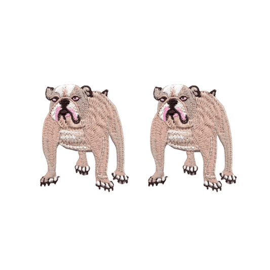 The LaughingLizards English Bulldog Dog (2-Pack) Iron On Patch features standing bulldogs with light brown bodies, white faces, and black noses—ideal for adding to your patch collection.