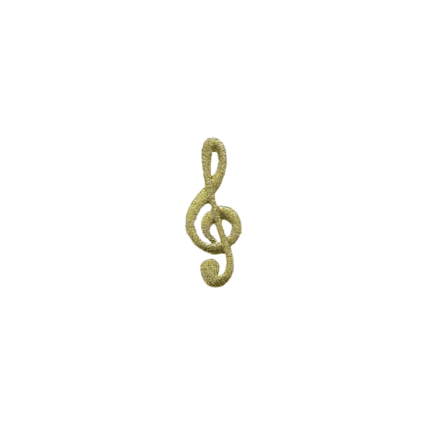 The LaughingLizards Metallic Gold Treble Clef (5-Pack) Iron On Patch: Medium features a gold embroidered treble clef on white—ideal for musical uniforms or as a stylish accessory for any music lover.