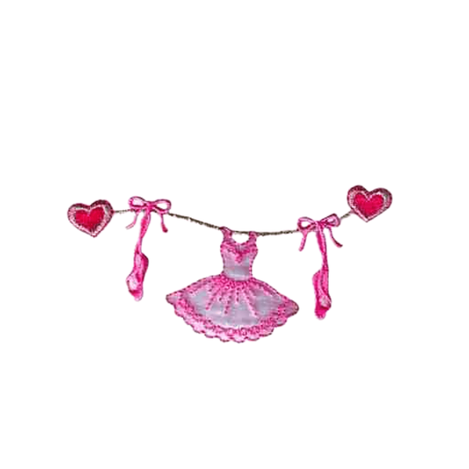 The Laughing Lizards Heart String Tutu and Toe Shoes Dance (3-Pack) Iron On Patch features a pink ballet dress, shoes, and hearts with bows on a clothesline, accented by a ballet tutu—all set against a white background.