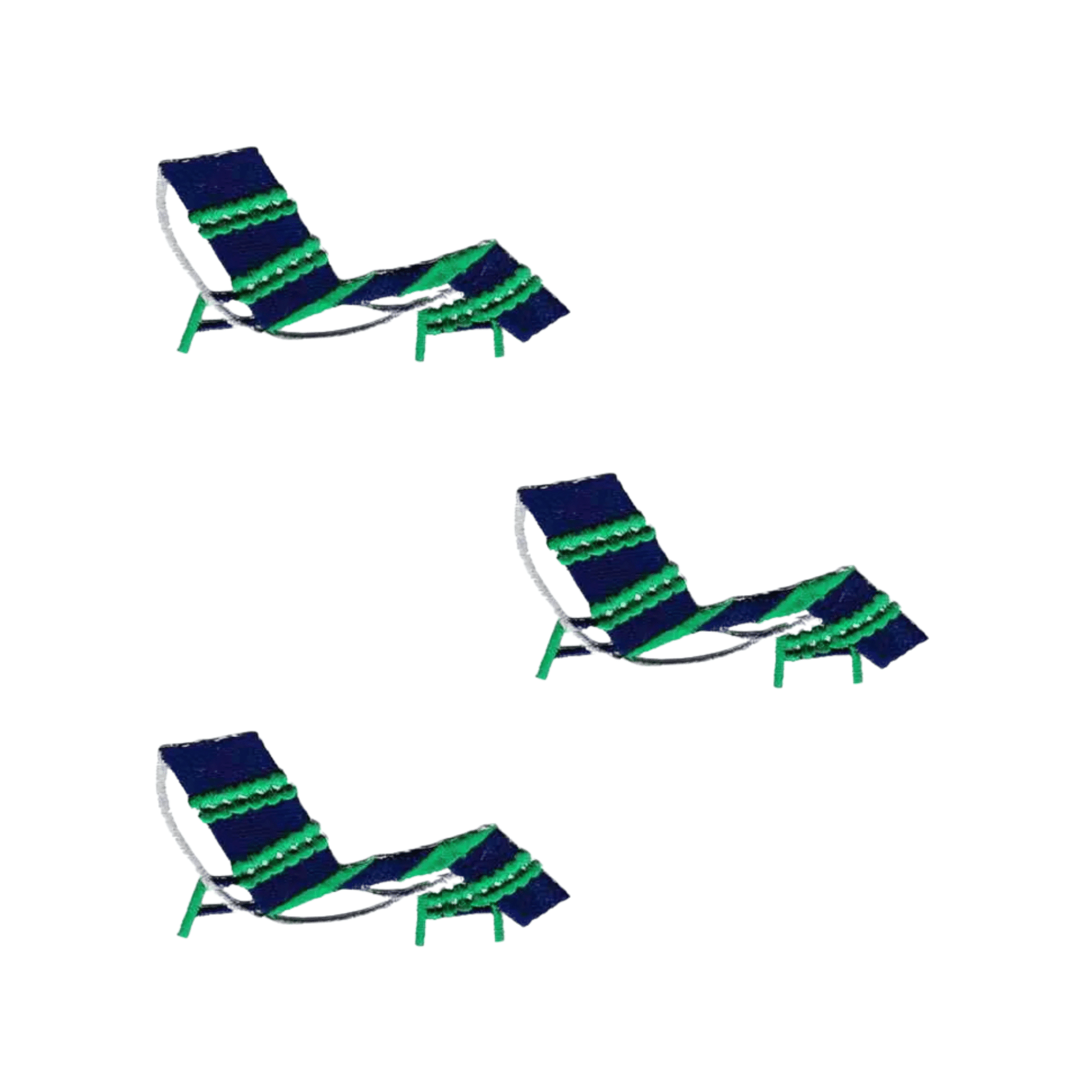 Three Beach Chair (3-Pack) Iron On Patches by LaughingLizards, featuring blue and green chairs arranged separately on a plain white background.