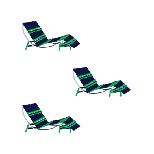 Three Beach Chair (3-Pack) Iron On Patches by LaughingLizards, featuring blue and green chairs arranged separately on a plain white background.