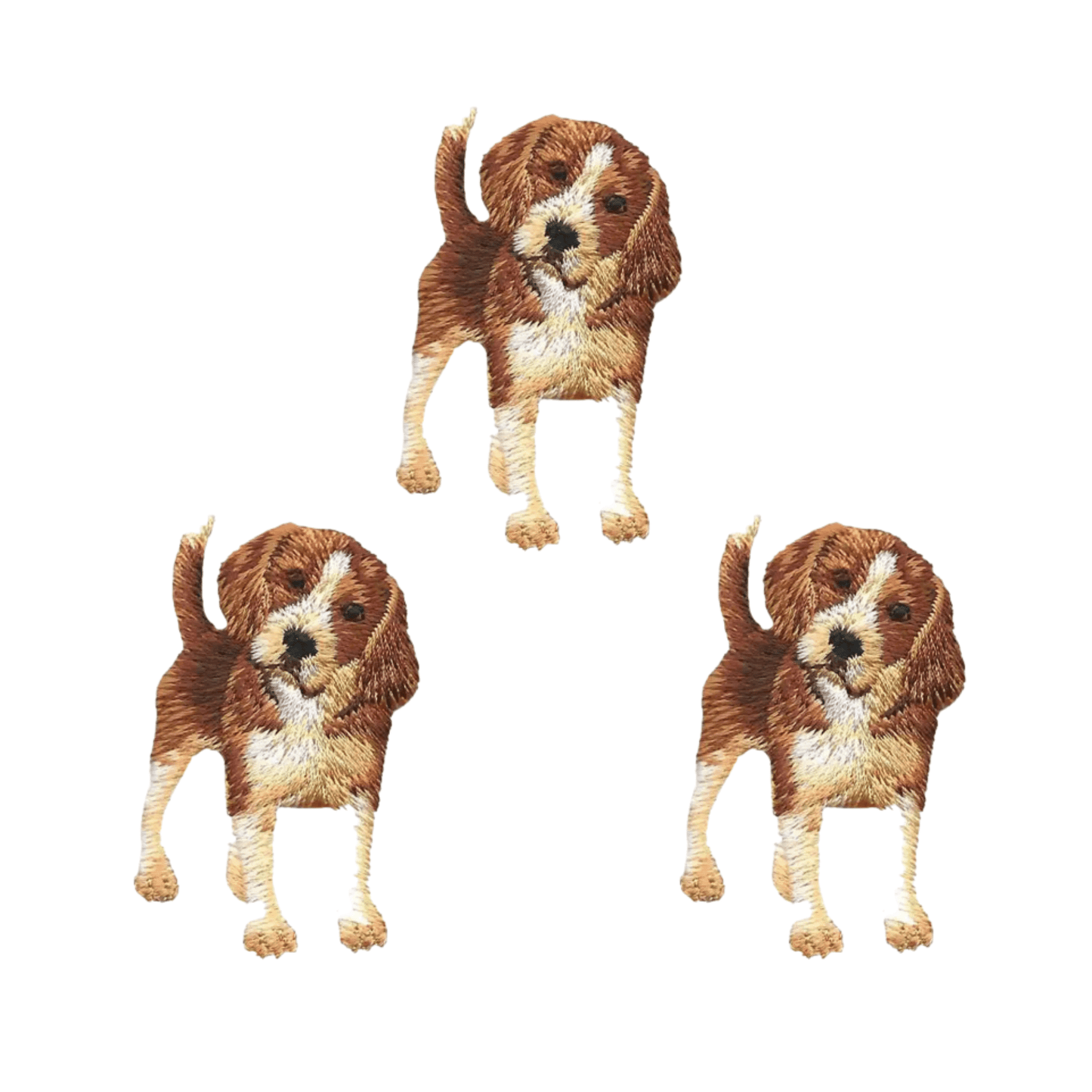Three LaughingLizards Adorable Beagle Dog (3-Pack) Iron On Patches are embroidered and arranged in a triangular pattern on a white background, perfect as cute dog appliques.
