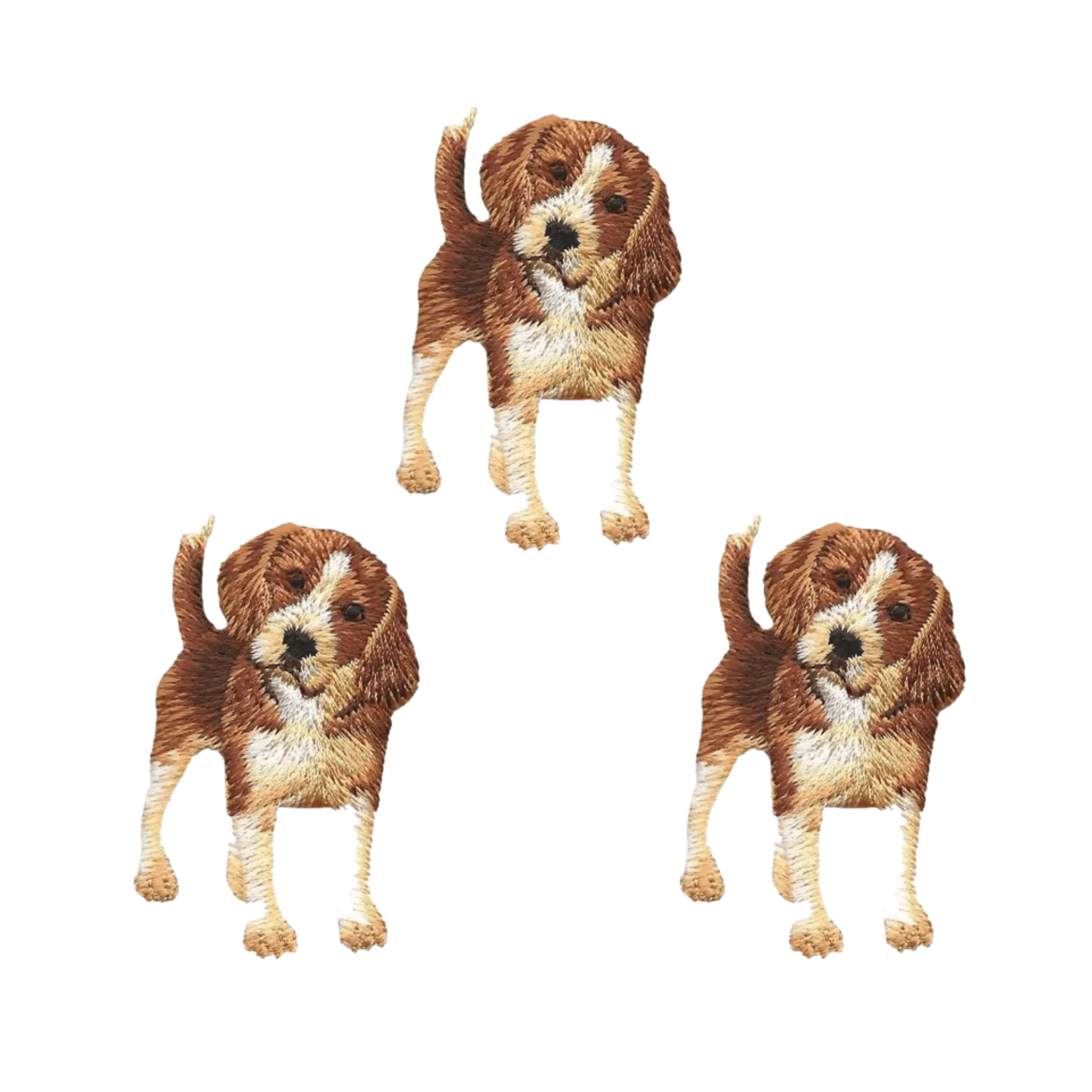 Three LaughingLizards Adorable Beagle Dog (3-Pack) Iron On Patches are embroidered and arranged in a triangular pattern on a white background, perfect as cute dog appliques.
